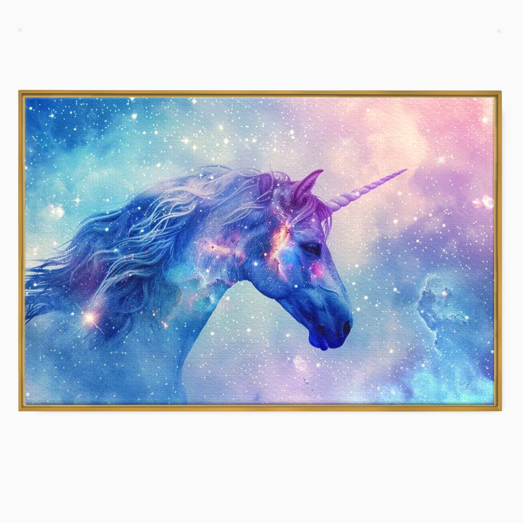 Tablou canvas cu tablou canvas cu unicorn cosmic in galaxie, in rama de aluminiu auriu