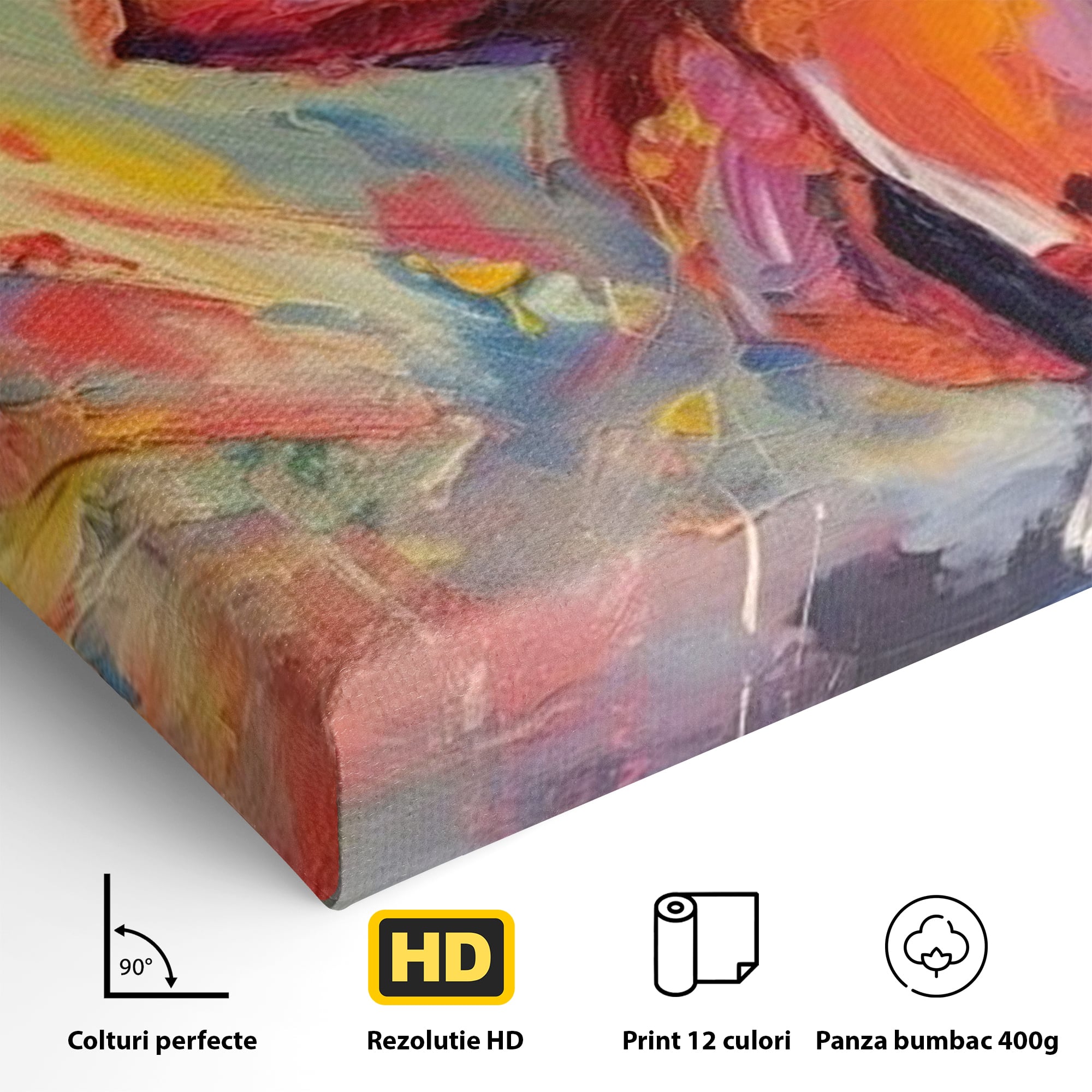 Detaliu al suprafetei: tablou canvas cu iepuras magician colorat, fara rama, pe sasiu de lemn