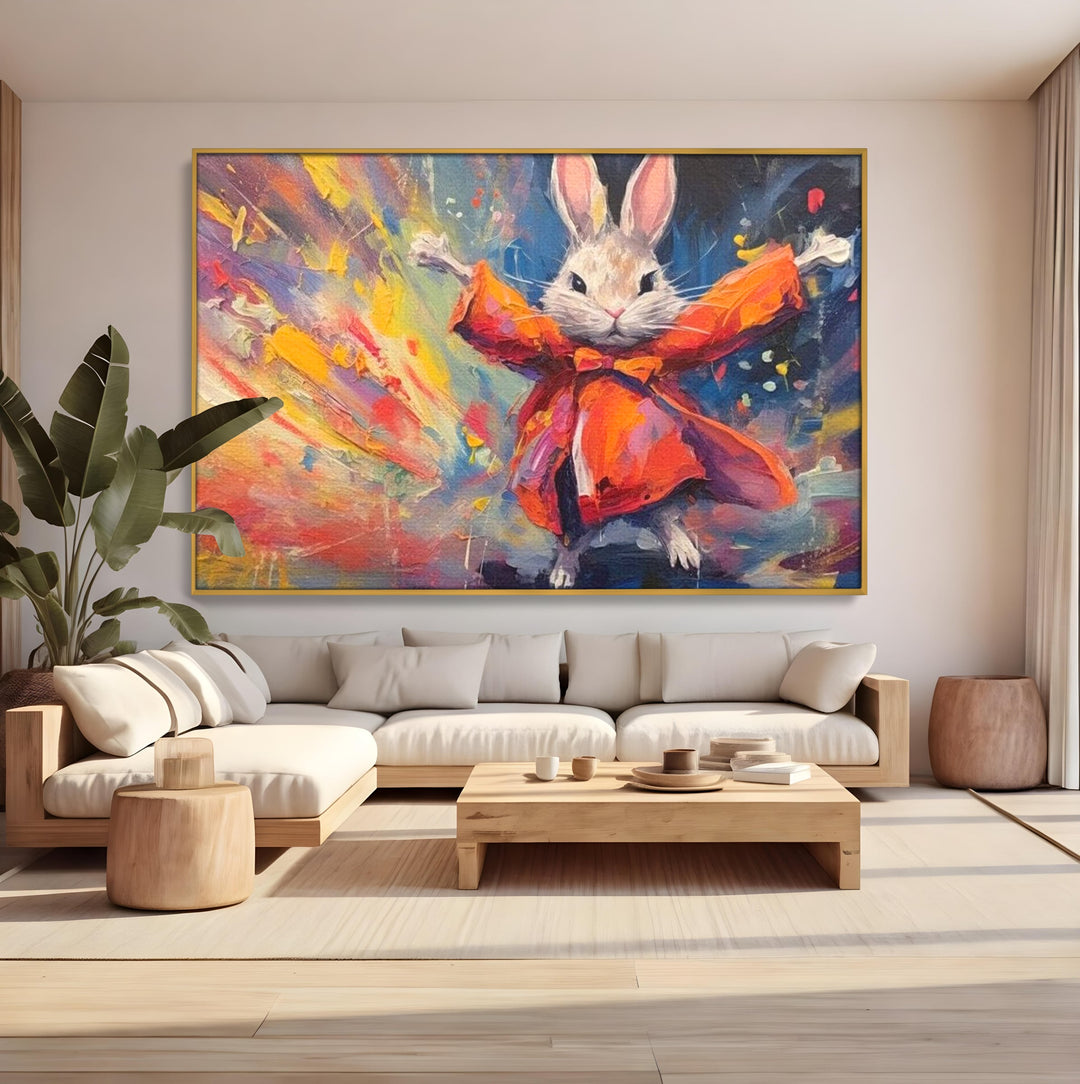 Tablou canvas cu tablou canvas cu iepuras magician colorat, in rama de aluminiu auriu, pe perete intr-un living