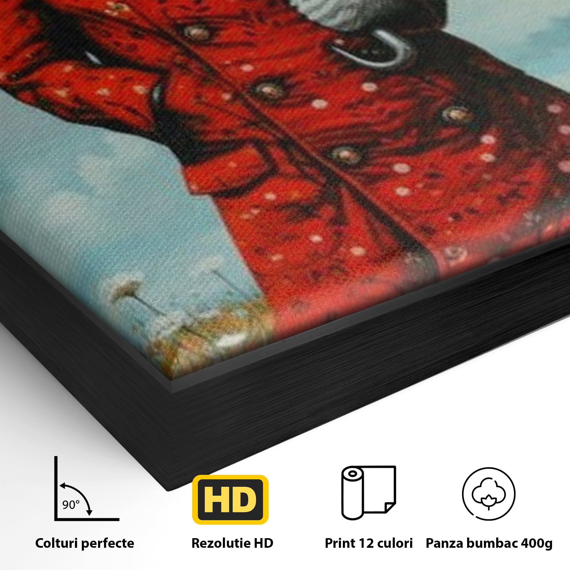Detaliu al suprafetei: tablou canvas cu iepure antropomorf in haina rosie, in rama de aluminiu negru