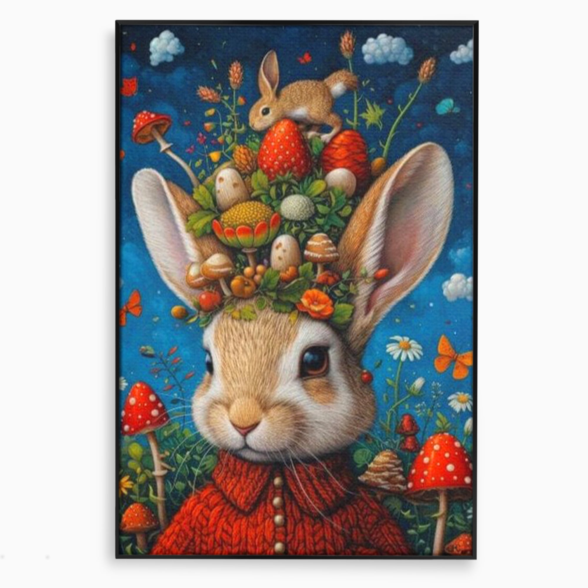 Tablou canvas cu tablou canvas cu iepuras fantastico-forestier, in rama de aluminiu negru