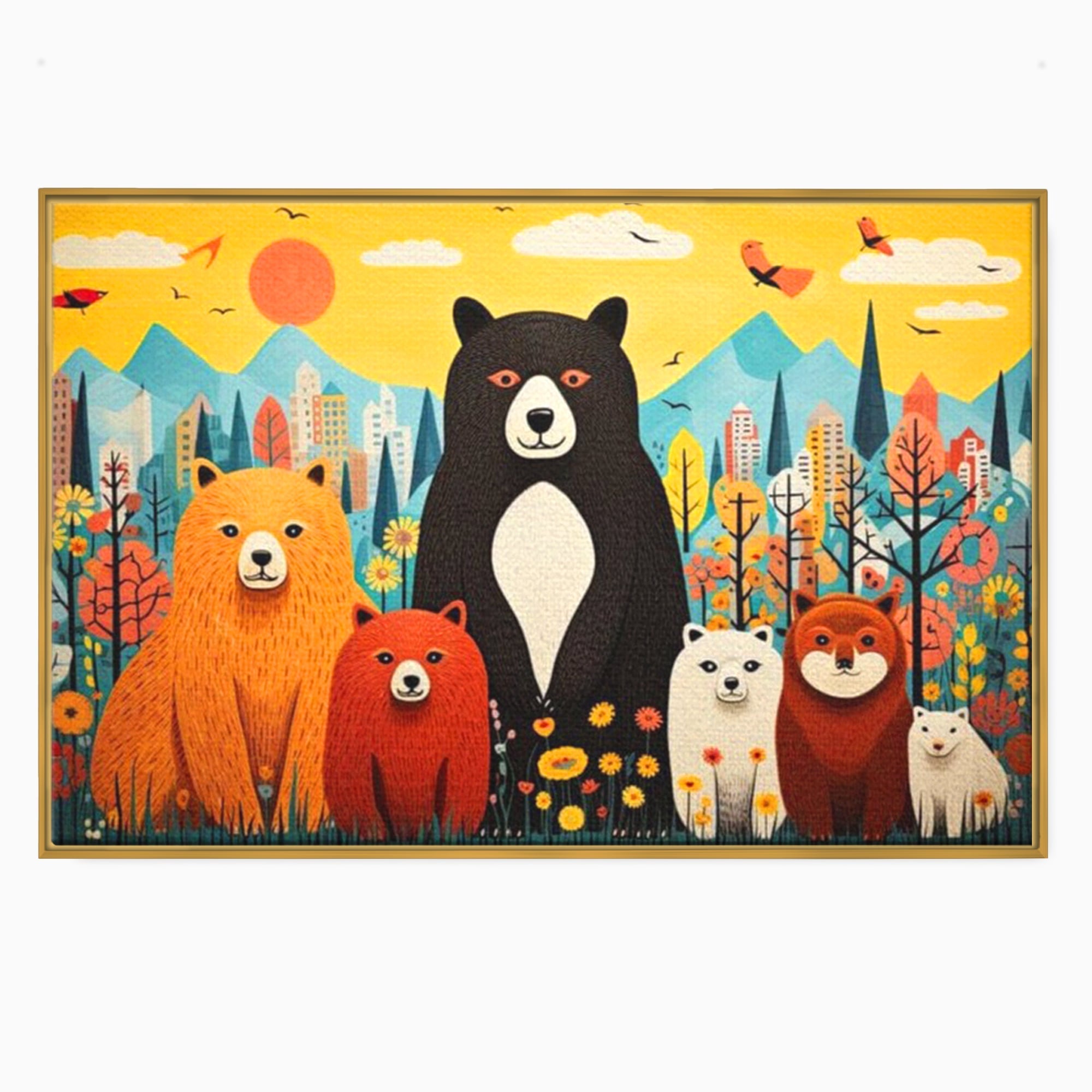 Tablou canvas cu ilustratie cu sapte ursuleti in natura, in rama de aluminiu auriu