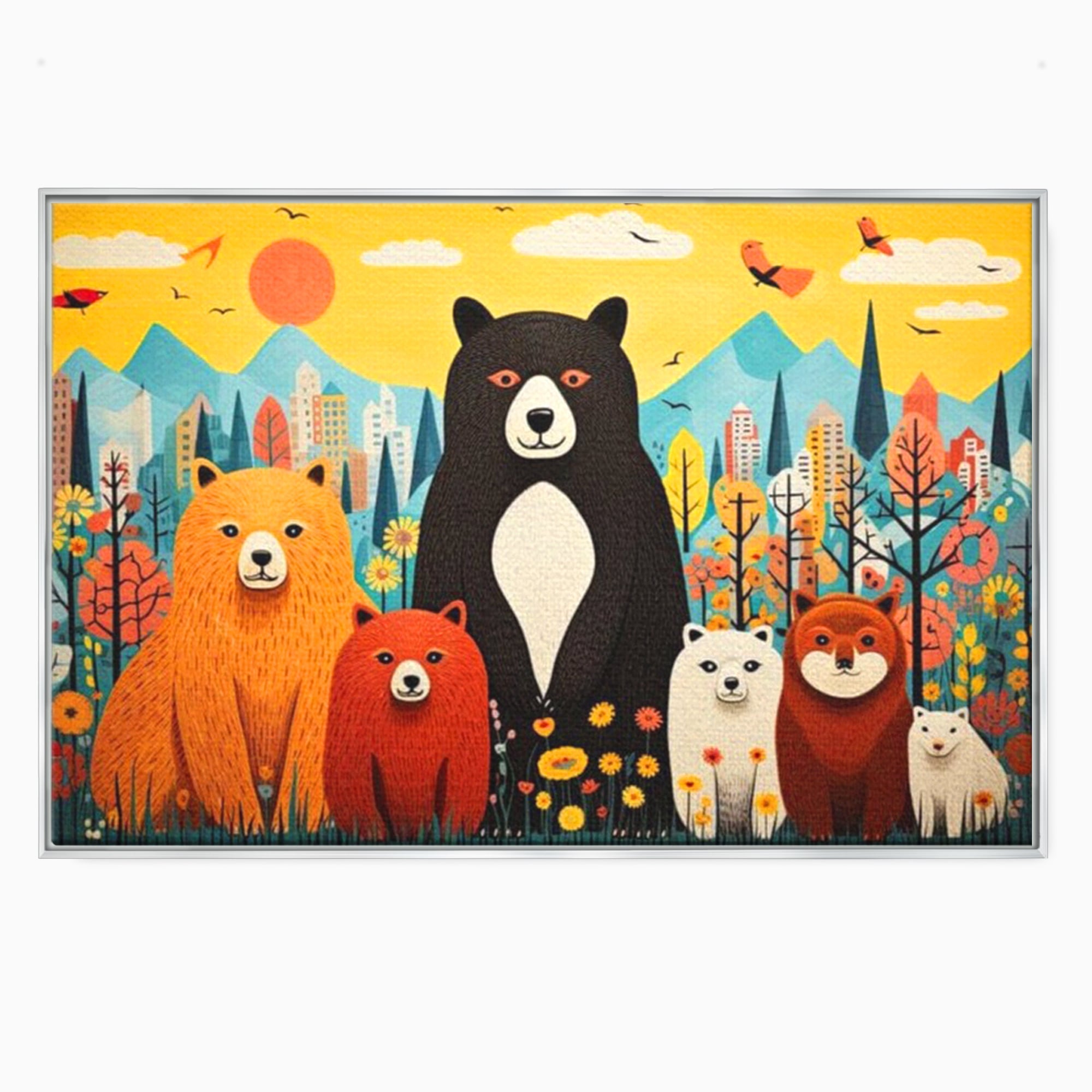Tablou canvas cu ilustratie cu sapte ursuleti in natura, in rama de aluminiu argintiu