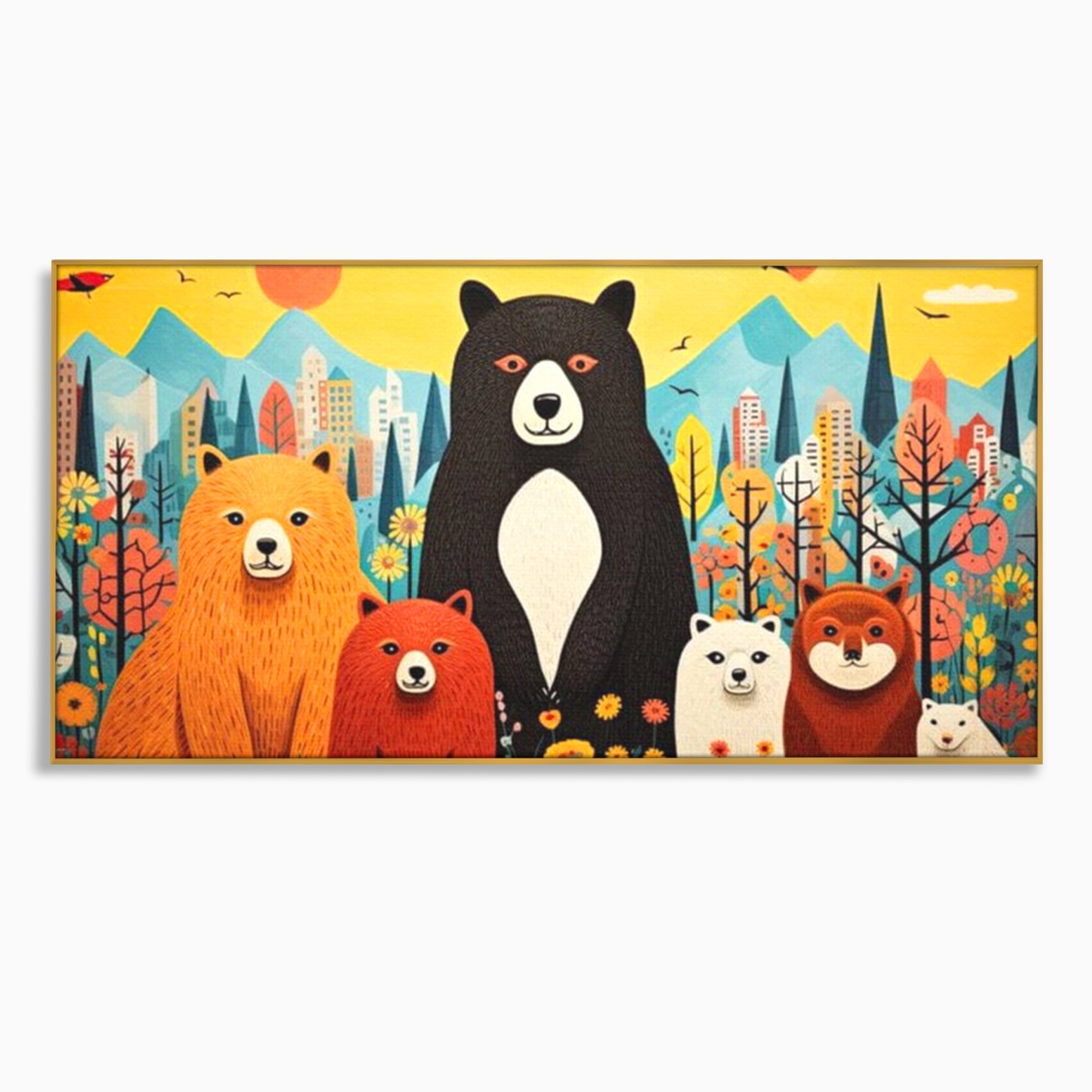 Tablou canvas cu ilustratie cu sapte ursuleti in natura, in rama de aluminiu auriu