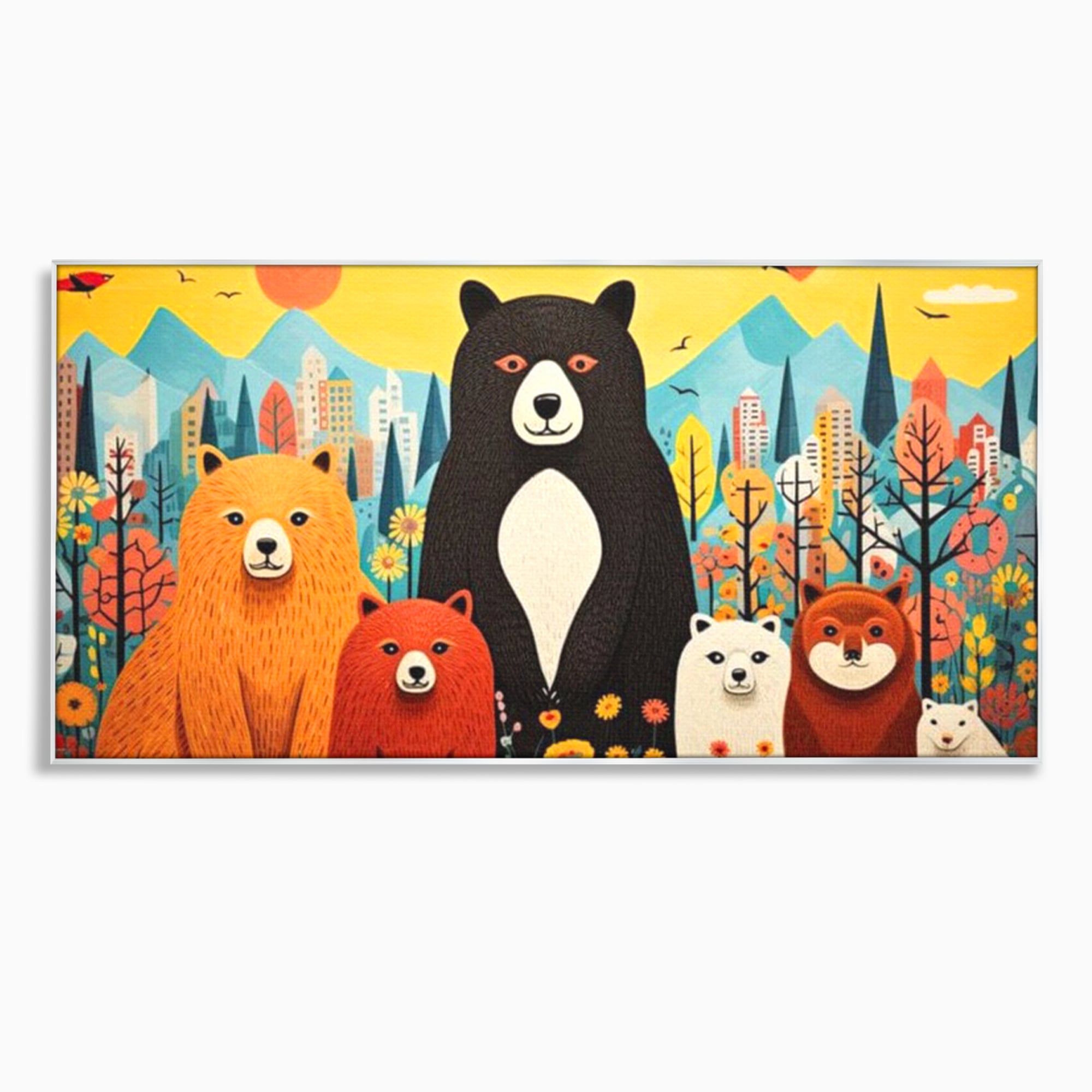 Tablou canvas cu ilustratie cu sapte ursuleti in natura, in rama de aluminiu argintiu