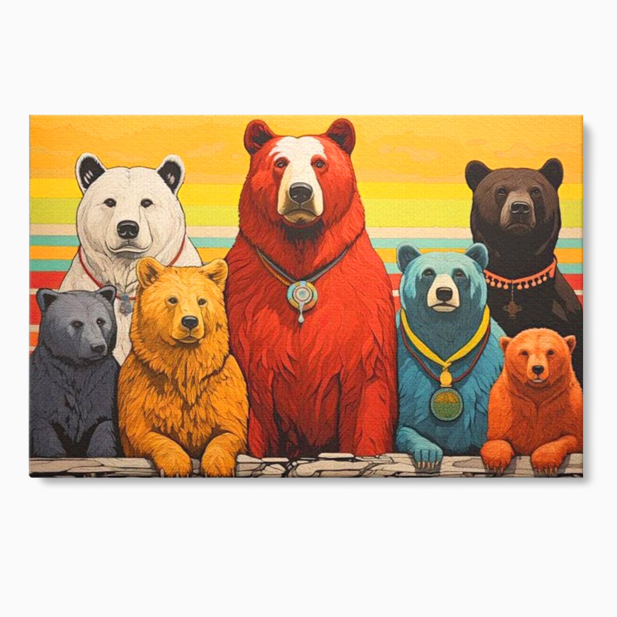 Tablou canvas cu ilustratie digitala cu ursi colorati, fara rama, pe sasiu de lemn