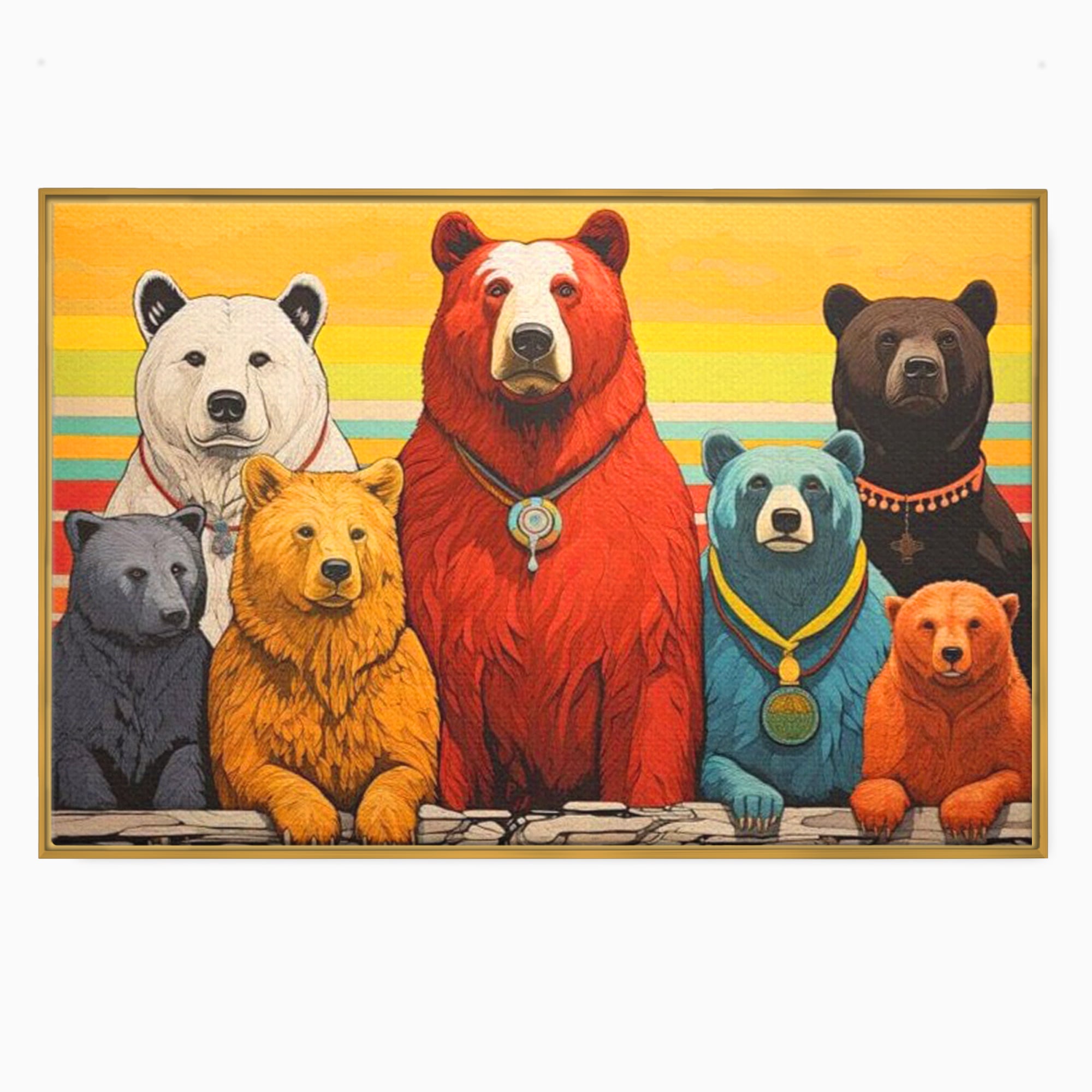Tablou canvas cu ilustratie digitala cu ursi colorati, in rama de aluminiu auriu