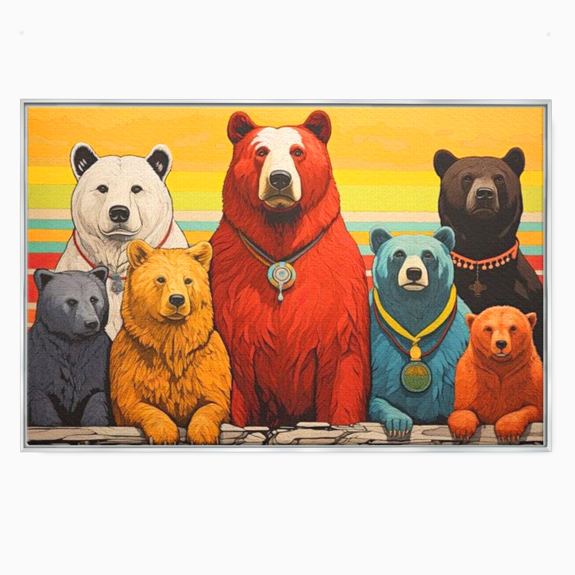 Tablou canvas cu ilustratie digitala cu ursi colorati, in rama de aluminiu argintiu