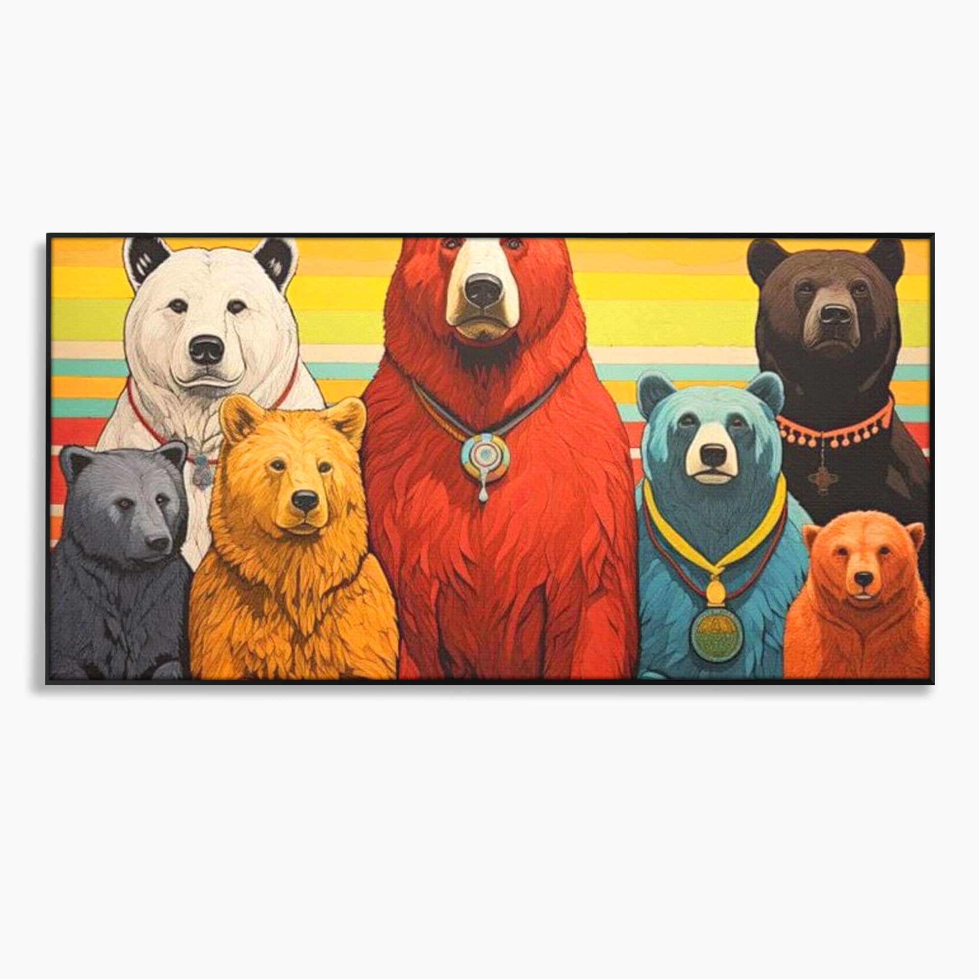 Tablou canvas cu ilustratie digitala cu ursi colorati, in rama de aluminiu negru