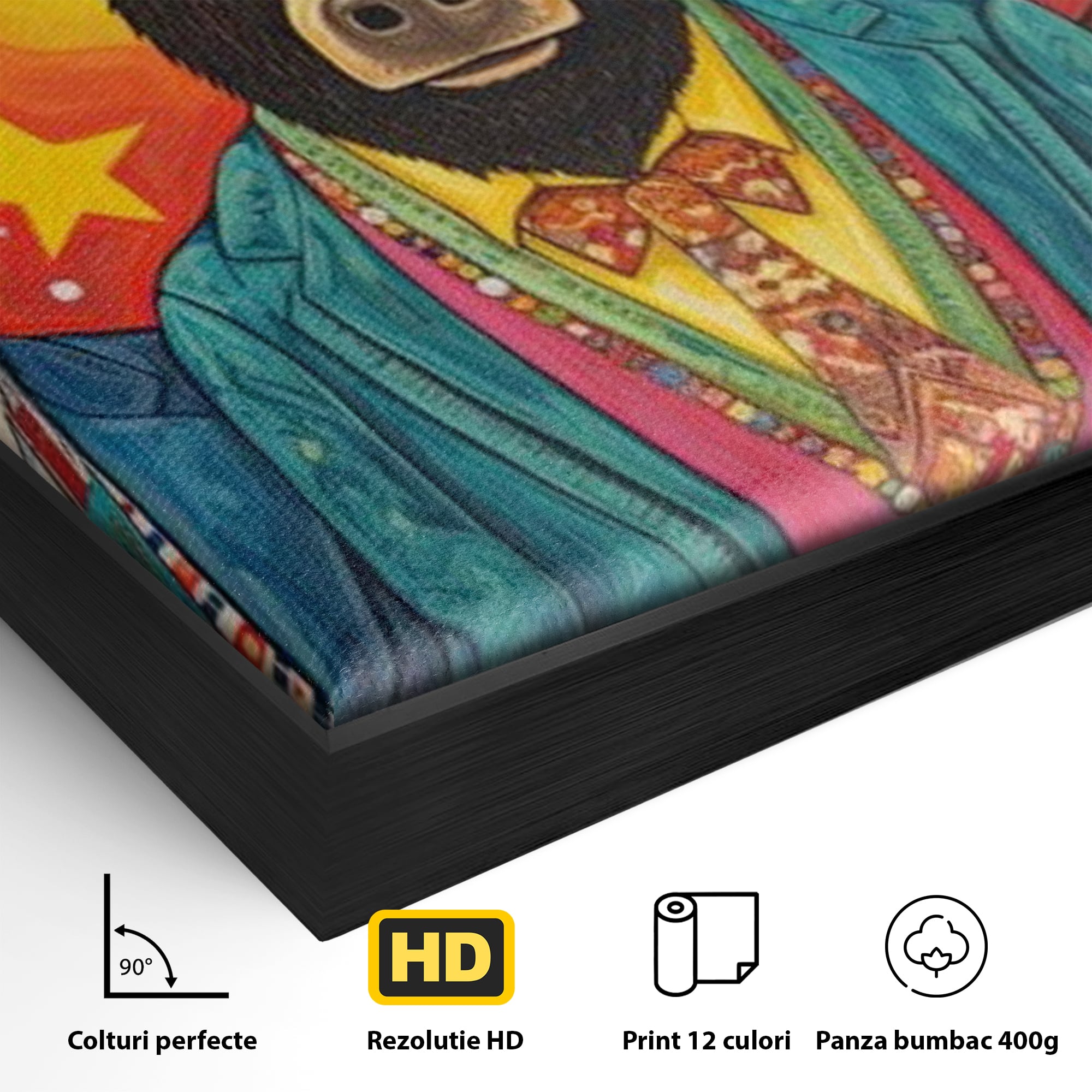 Detaliu al suprafetei: tablou canvas cu trei animale antropomorfe stilizate, in rama de aluminiu negru