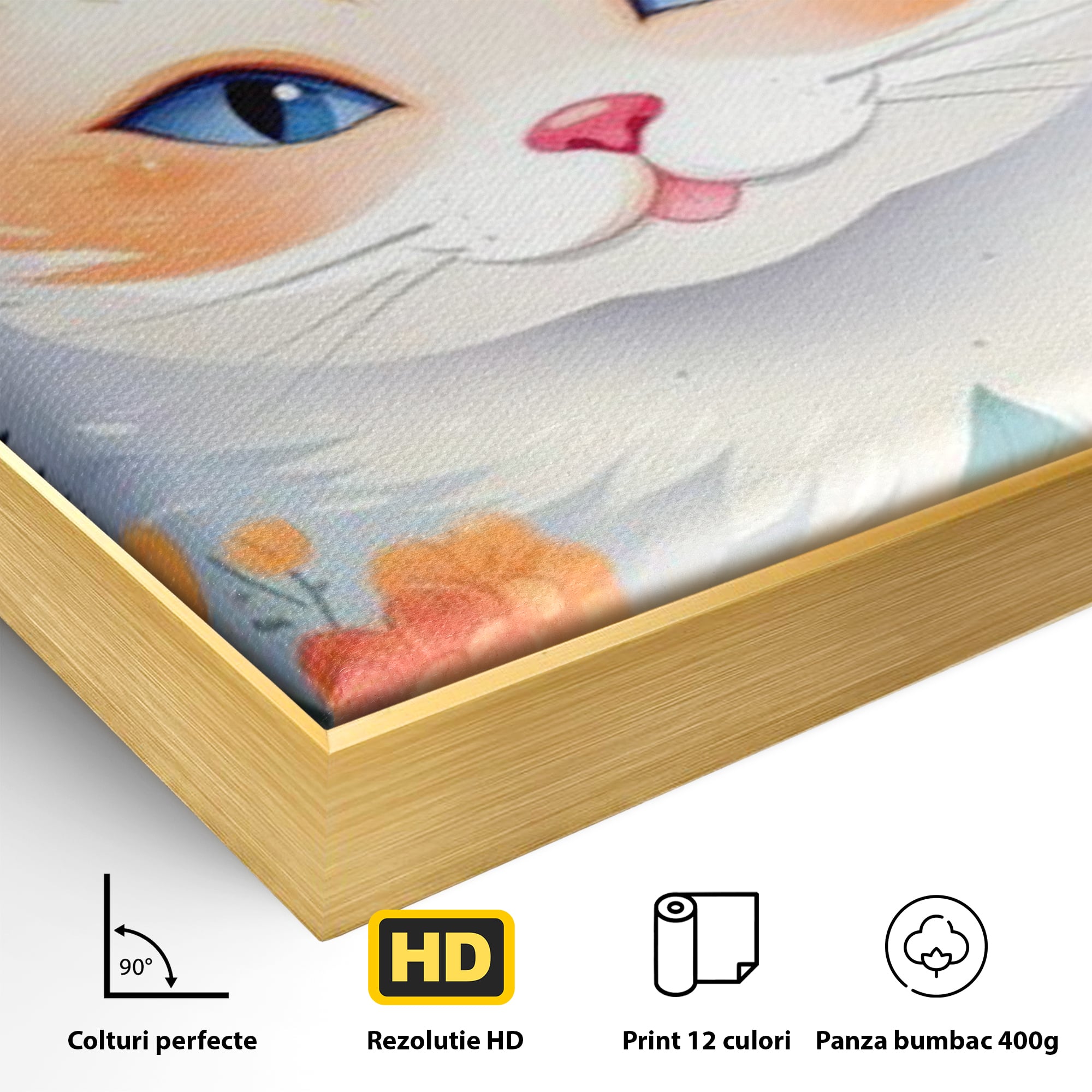 Detaliu al suprafetei: ilustratie digitala cu pisica alba si flori, in rama de aluminiu auriu