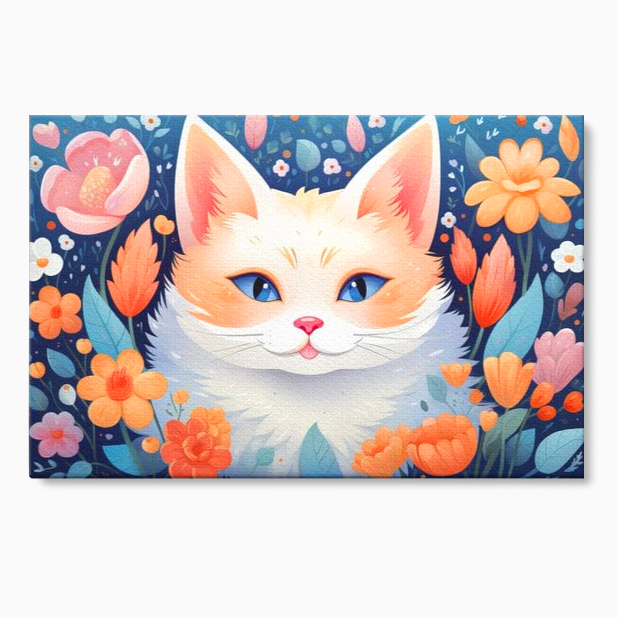 Tablou canvas cu ilustratie digitala cu pisica alba si flori, fara rama, pe sasiu de lemn