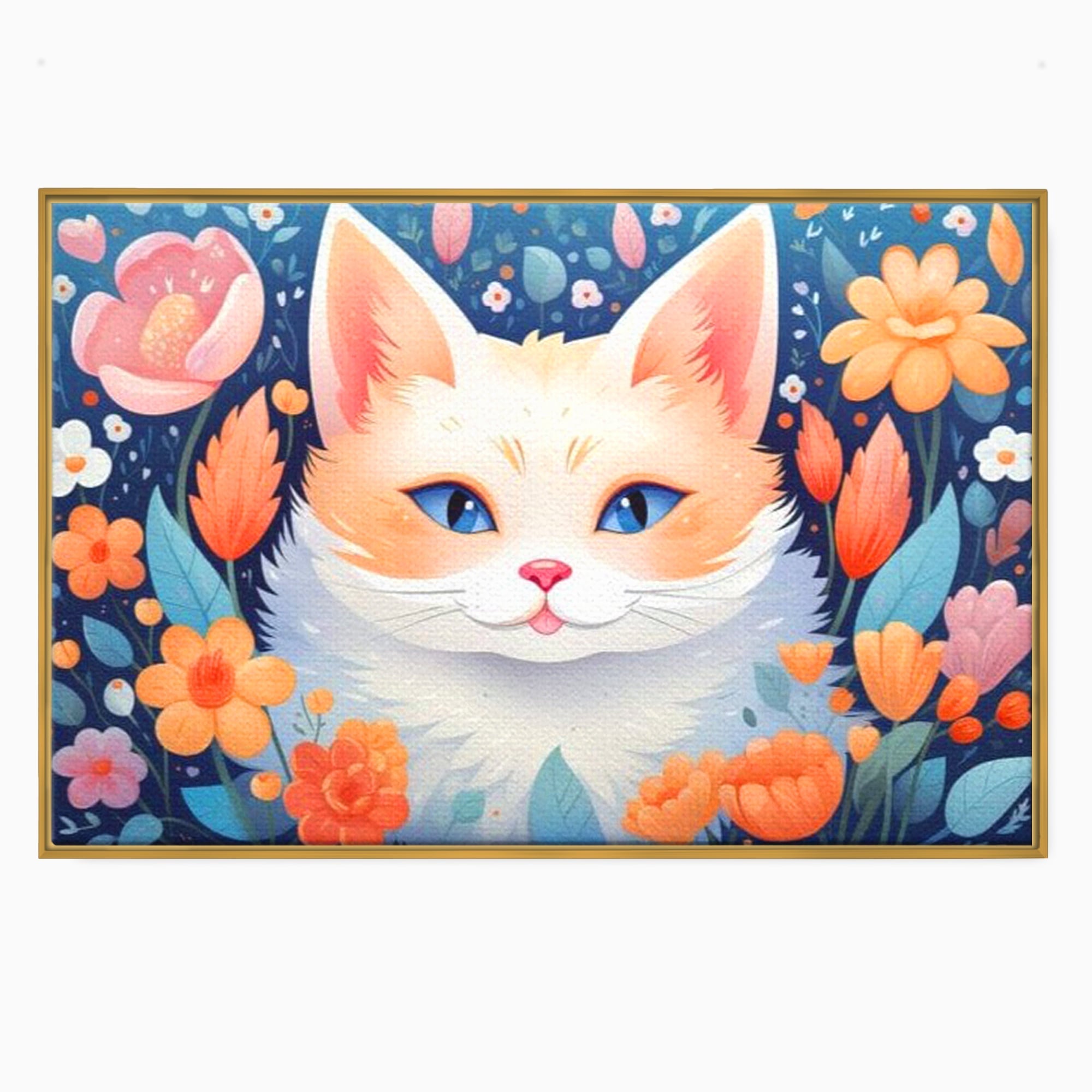Tablou canvas cu ilustratie digitala cu pisica alba si flori, in rama de aluminiu auriu