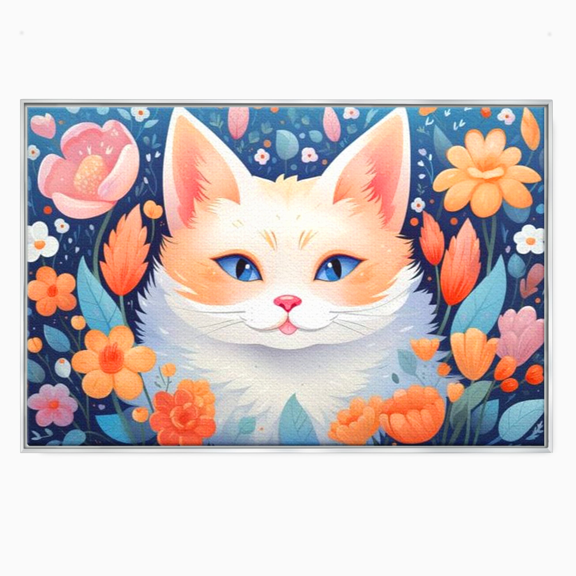 Tablou canvas cu ilustratie digitala cu pisica alba si flori, in rama de aluminiu argintiu