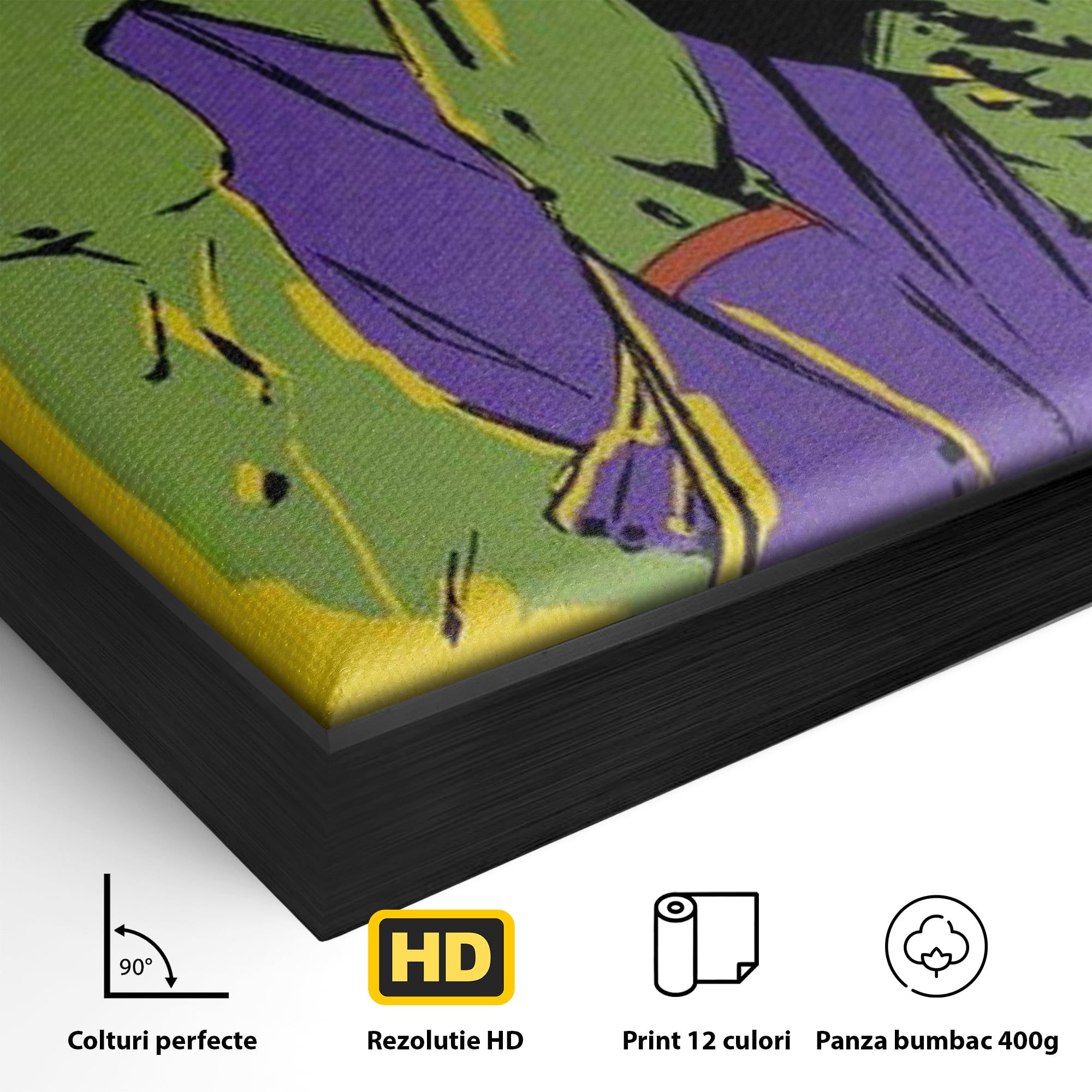 Detaliu al suprafetei: tablou canvas cu doi supereroi pe fundal galben, in rama de aluminiu negru