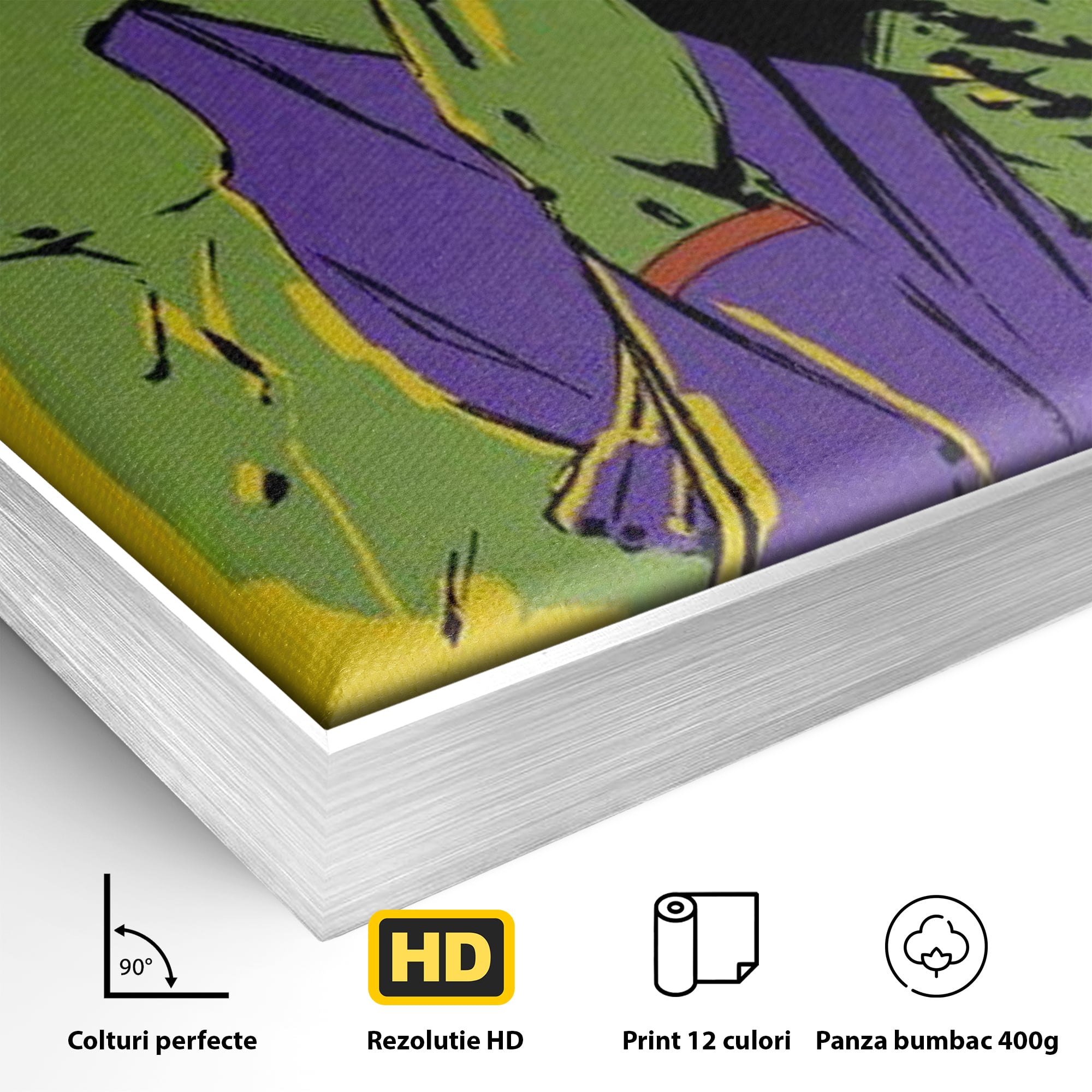Detaliu al suprafetei: tablou canvas cu doi supereroi pe fundal galben, in rama de aluminiu argintiu