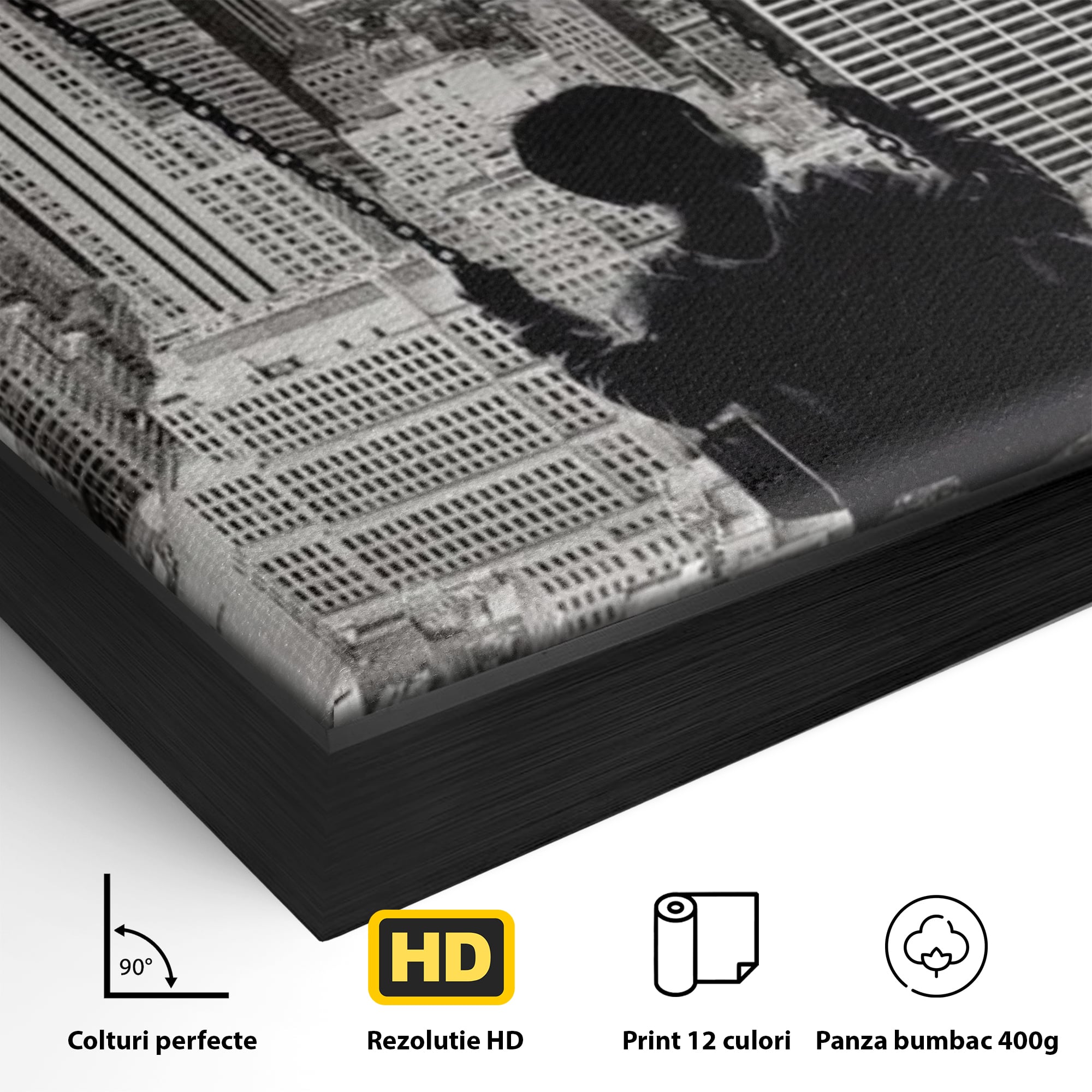 Detaliu al suprafetei: tablou canvas cu copil in leagan deasupra orasului, in rama de aluminiu negru
