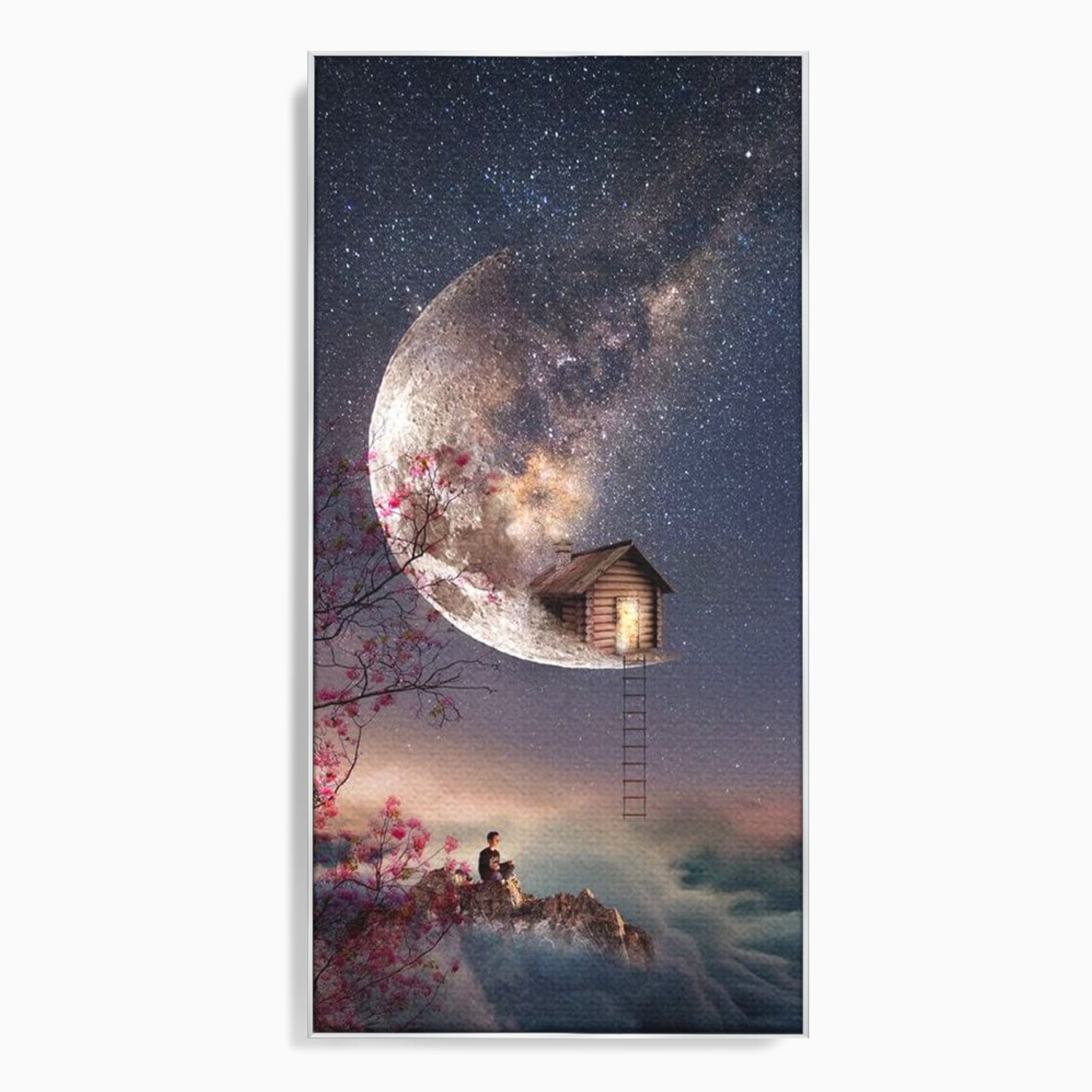 Tablou canvas cu ilustratie digitala cu casa pe luna, in rama de aluminiu argintiu