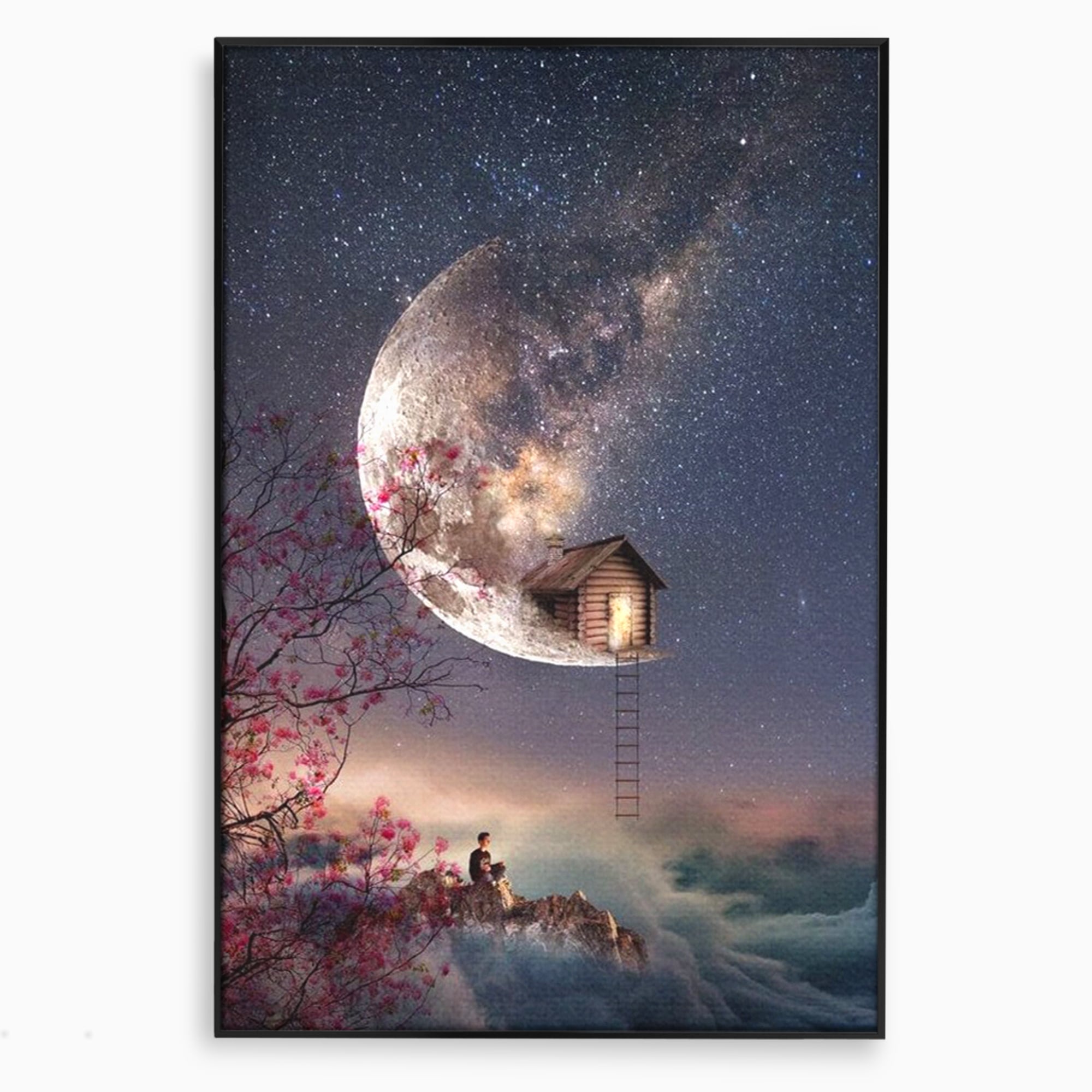 Tablou canvas cu ilustratie digitala cu casa pe luna, in rama de aluminiu negru