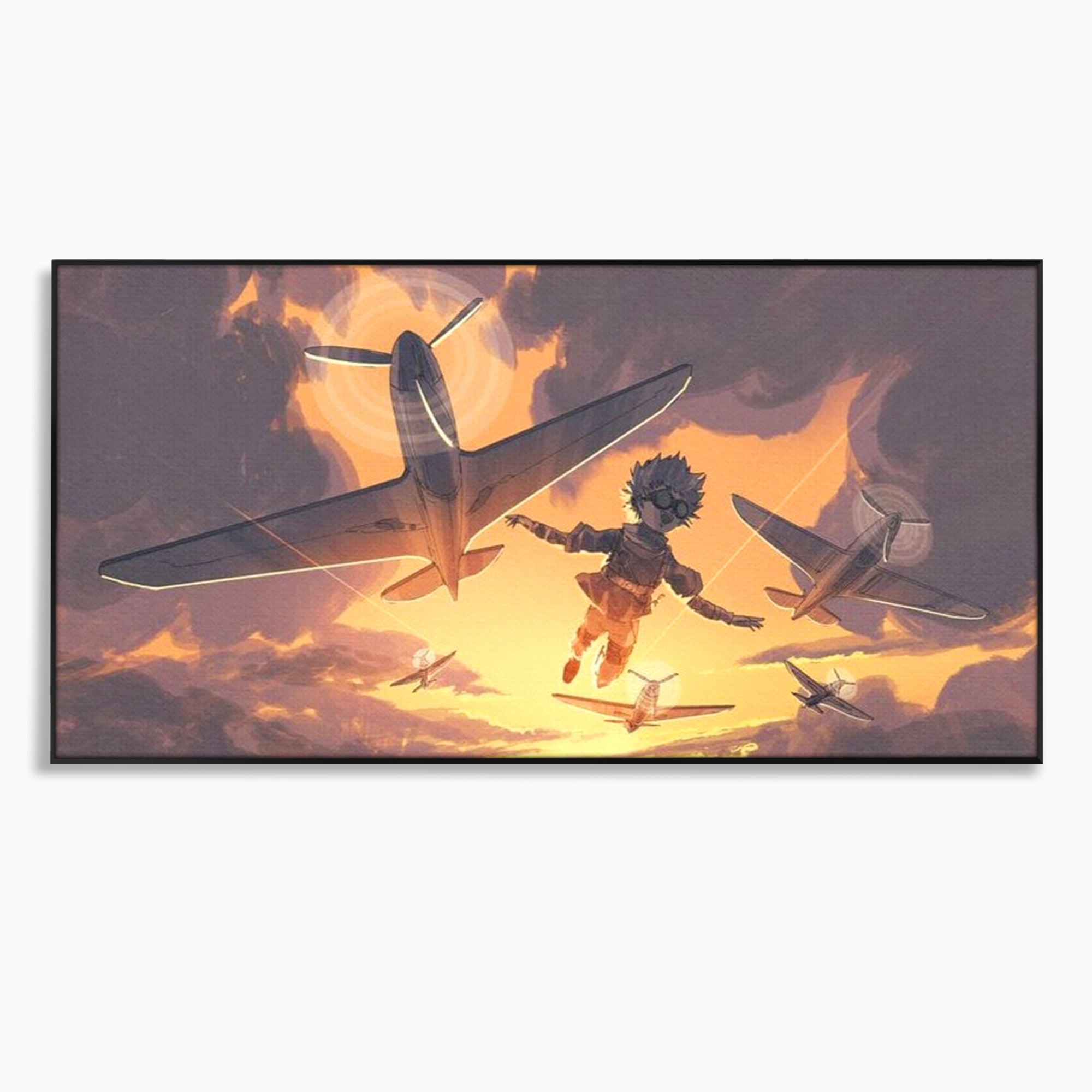 Tablou canvas cu ilustratie digitala cu un baietel zburand alaturi de avioane, in rama de aluminiu negru