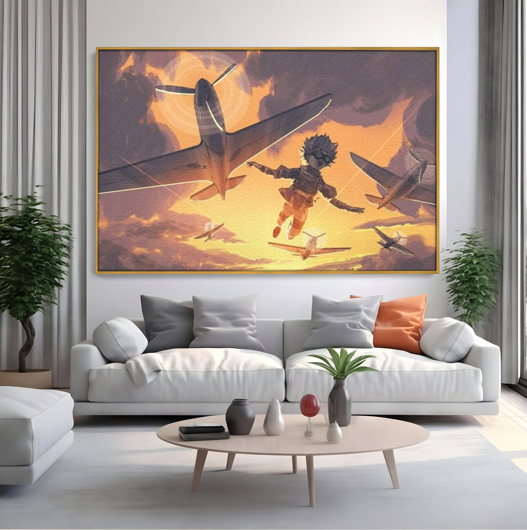 Tablou canvas cu ilustratie digitala cu un baietel zburand alaturi de avioane, in rama de aluminiu auriu, pe perete intr-un living