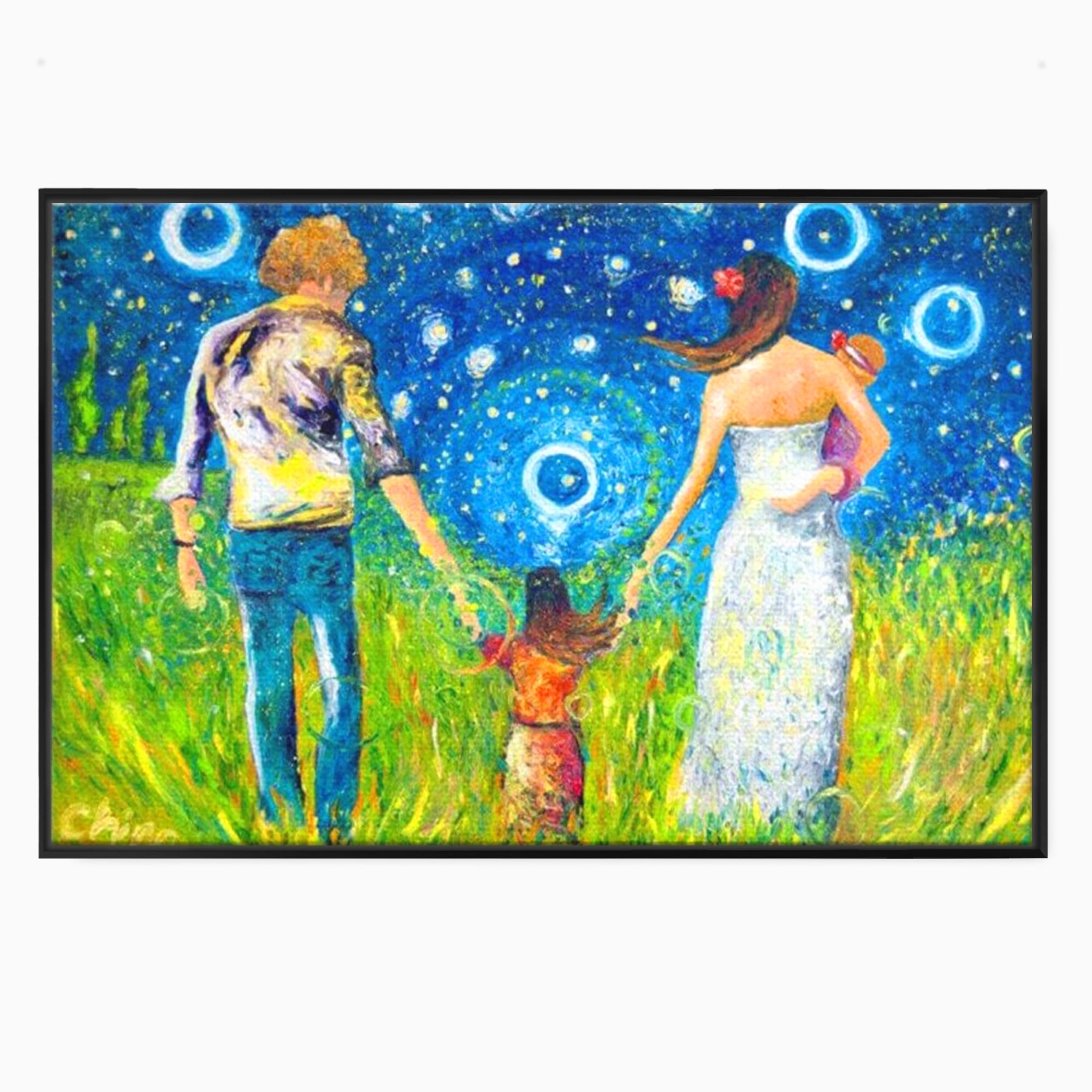 Tablou canvas cu pictura cu familie pe camp sub cer instelat, in rama de aluminiu negru
