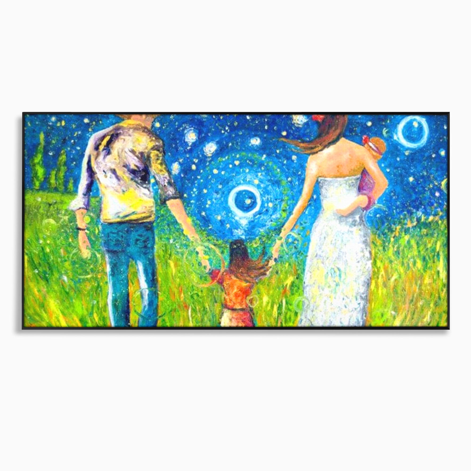 Tablou canvas cu pictura cu familie pe camp sub cer instelat, in rama de aluminiu negru