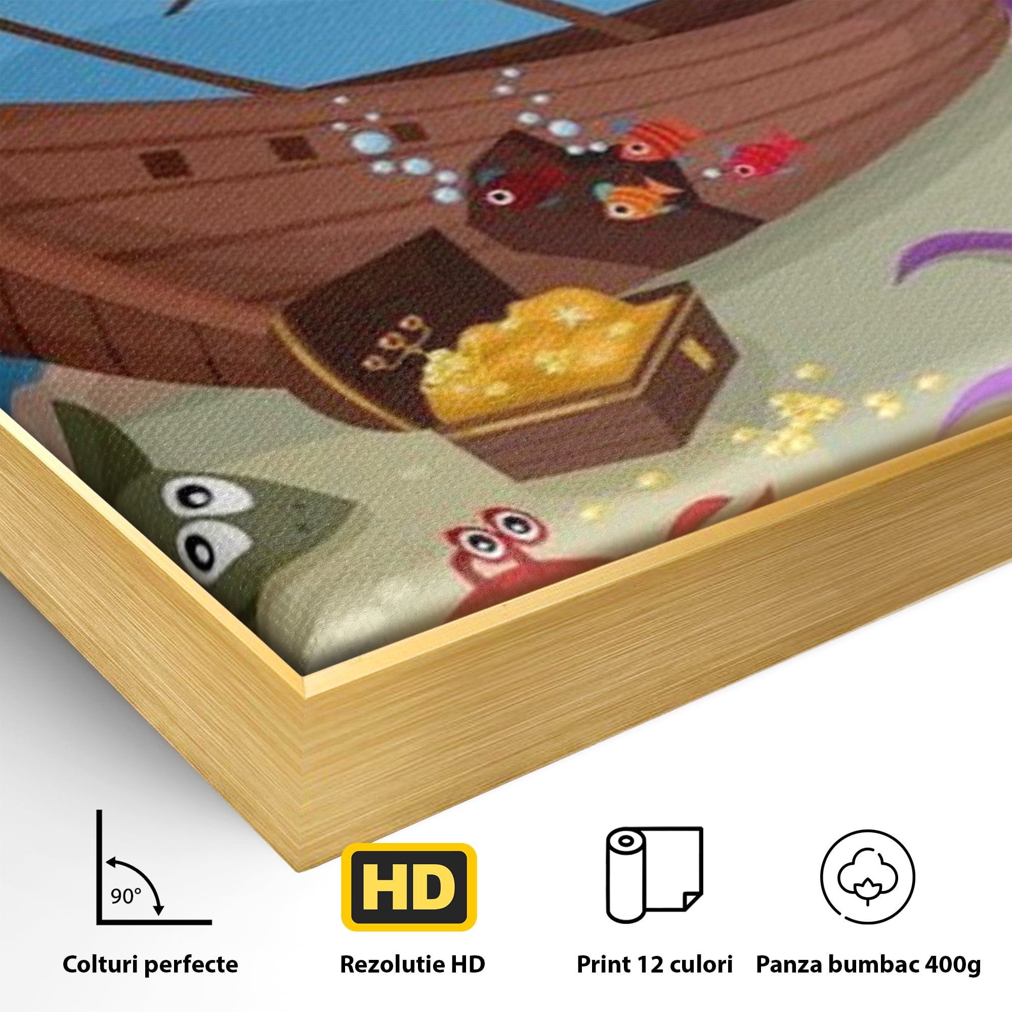 Detaliu al suprafetei: ilustratie animata cu vietuitoare marine si epava, in rama de aluminiu auriu