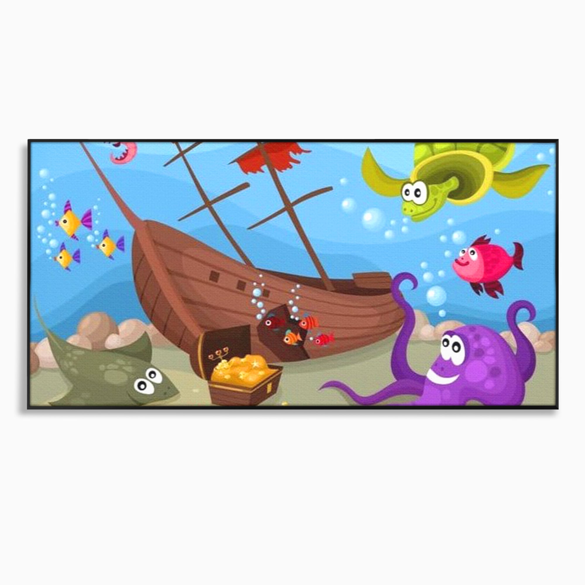 Tablou canvas cu ilustratie animata cu vietuitoare marine si epava, in rama de aluminiu negru