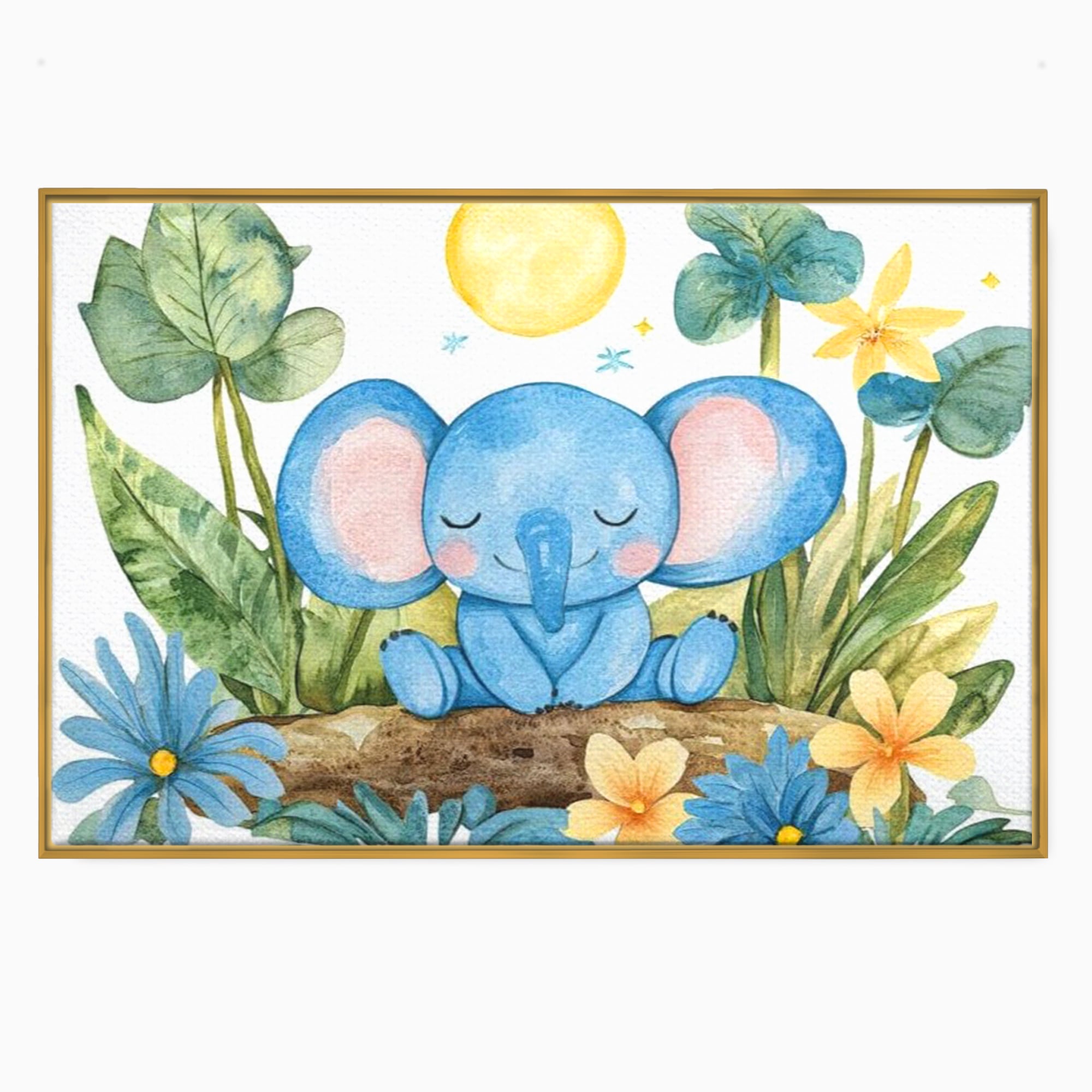 Tablou canvas cu ilustratie cu elefant albastru dormind pe o tulpina, in rama de aluminiu auriu