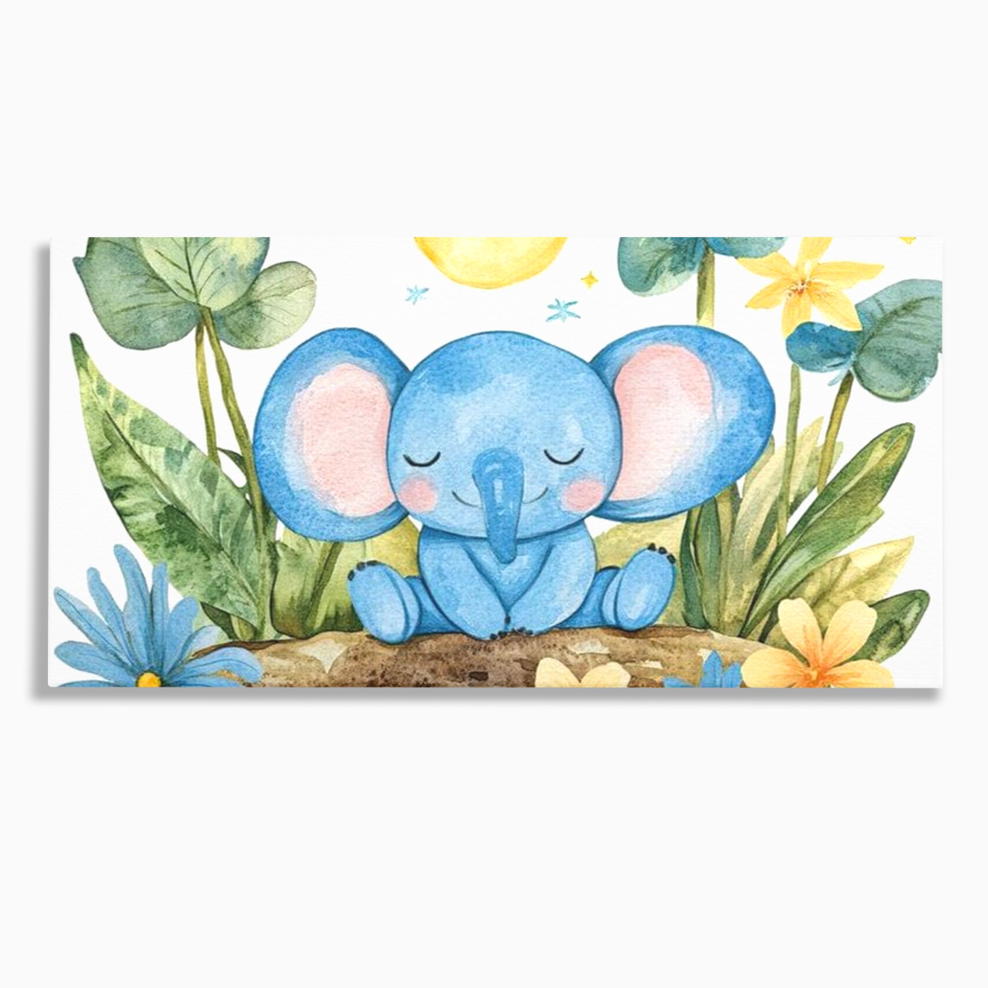 Tablou canvas cu ilustratie cu elefant albastru dormind pe o tulpina, fara rama, pe sasiu de lemn