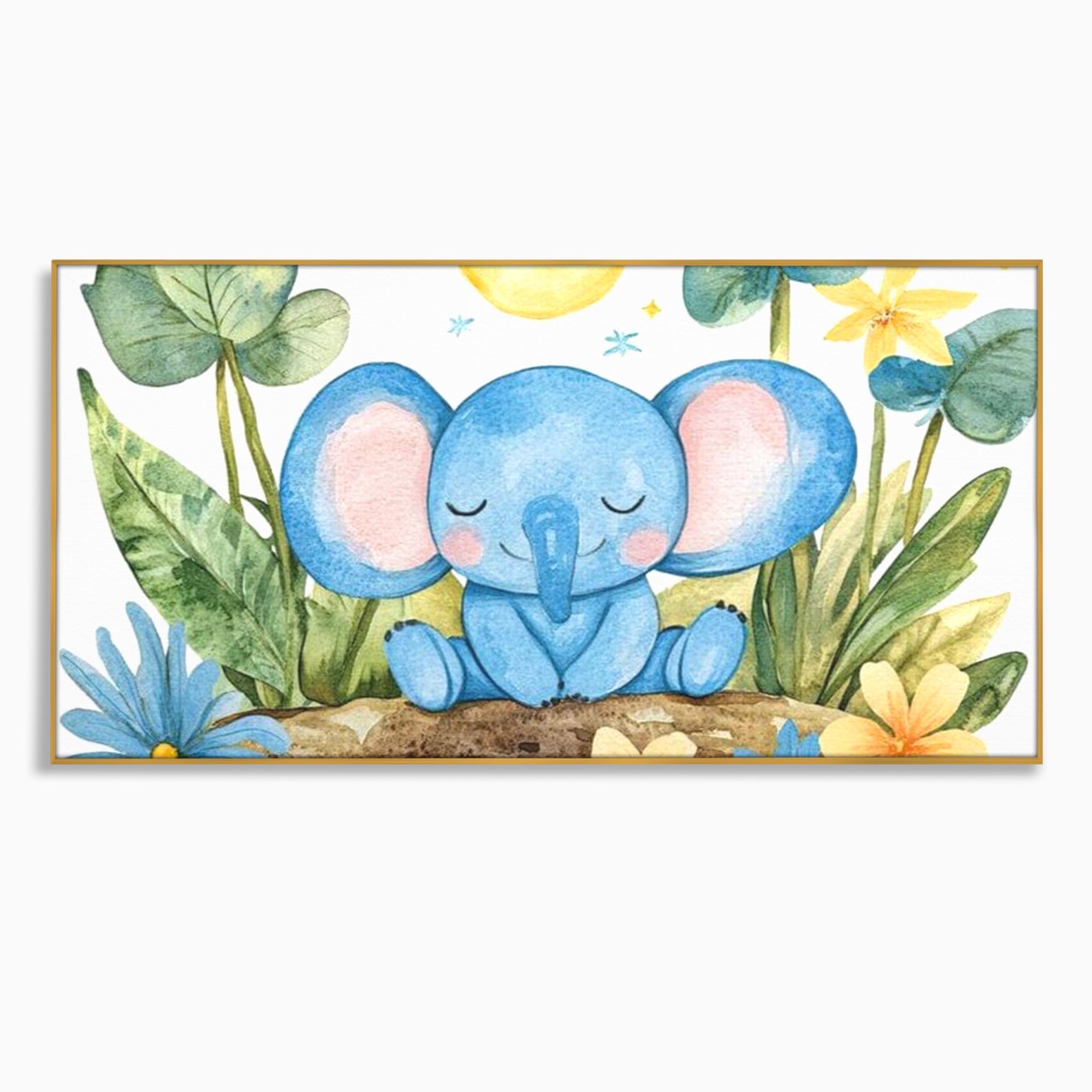 Tablou canvas cu ilustratie cu elefant albastru dormind pe o tulpina, in rama de aluminiu auriu