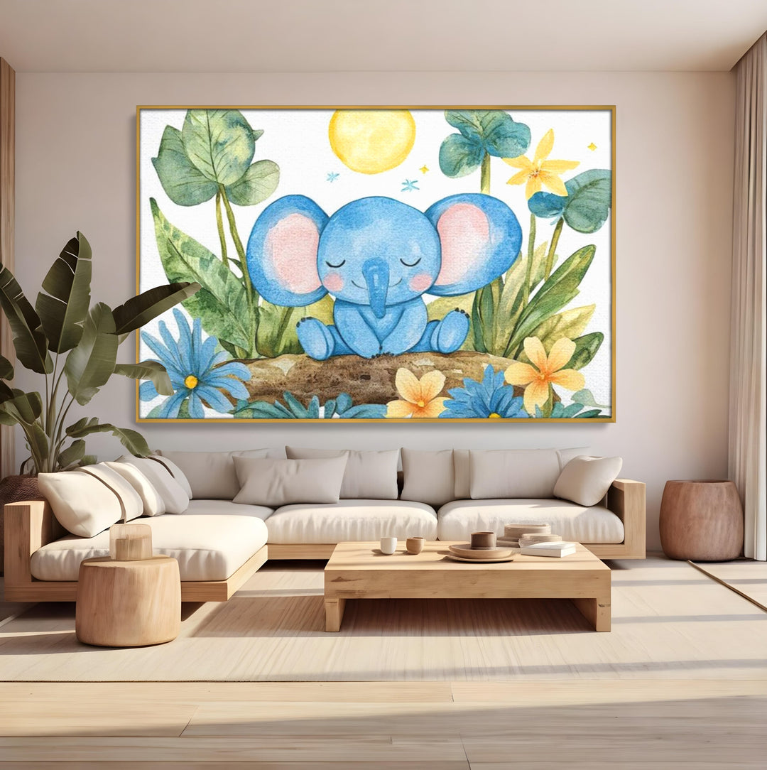 Tablou canvas cu ilustratie cu elefant albastru dormind pe o tulpina, in rama de aluminiu auriu, pe perete intr-un living