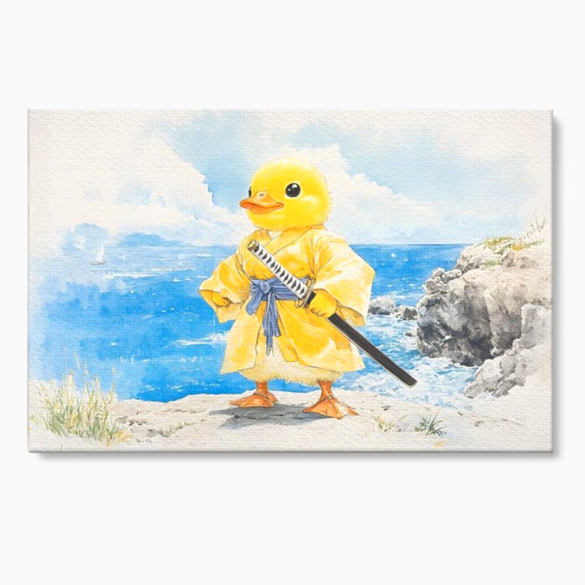 Tablou canvas cu rata samurai galben pe stanca, fara rama, pe sasiu de lemn