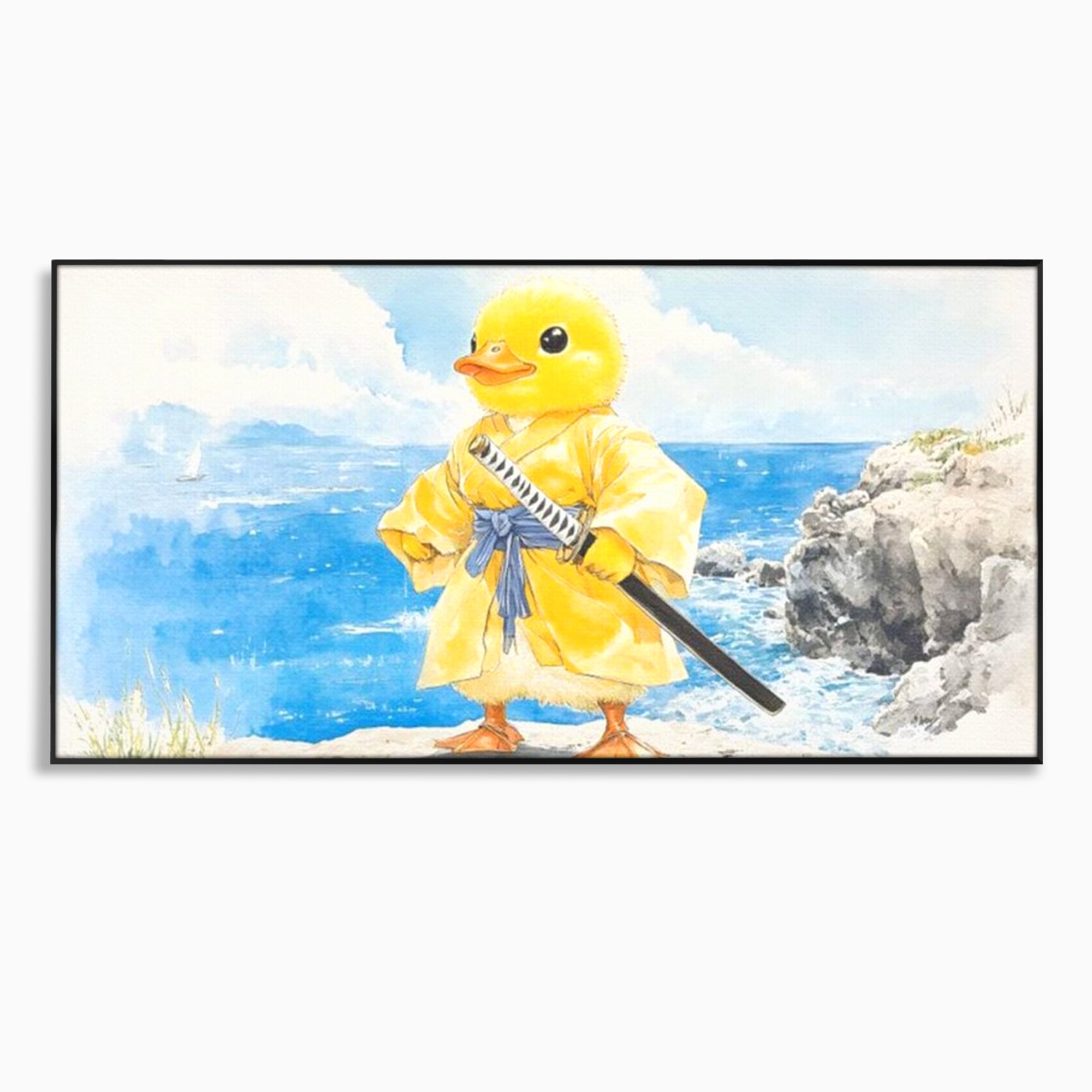 Tablou canvas cu rata samurai galben pe stanca, in rama de aluminiu negru
