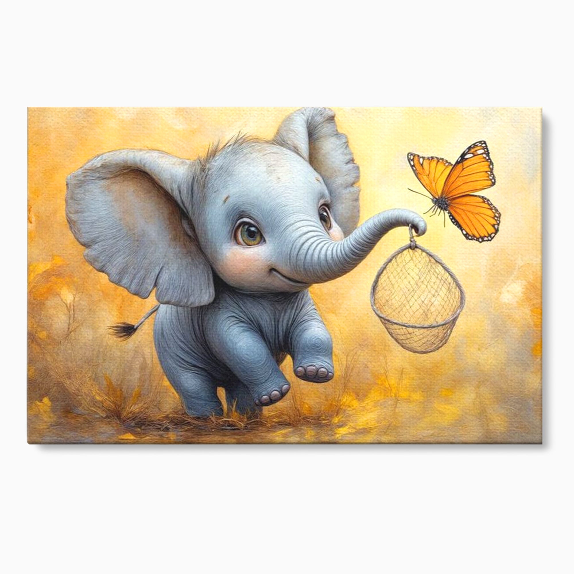 Tablou canvas cu ilustratie cu elefantel si fluture, fara rama, pe sasiu de lemn