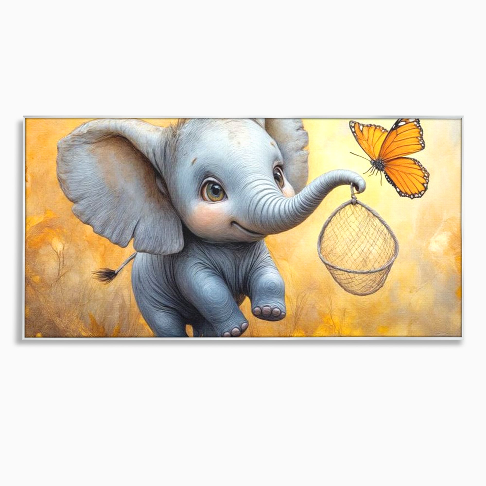 Tablou canvas cu ilustratie cu elefantel si fluture, in rama de aluminiu argintiu