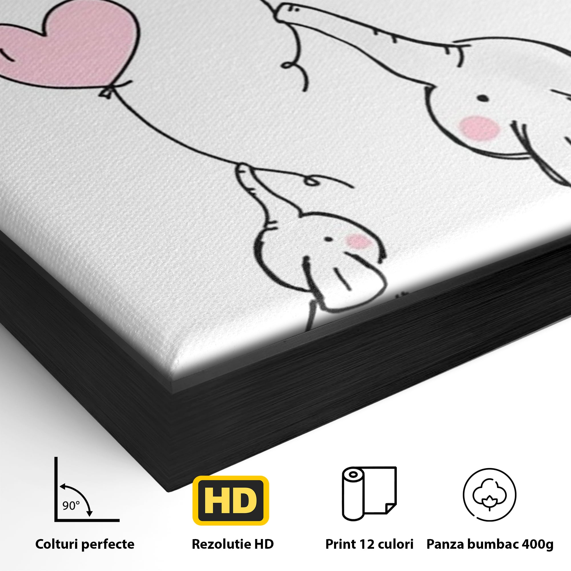 Detaliu al suprafetei: ilustratie cu elefanti si baloane, in rama de aluminiu negru