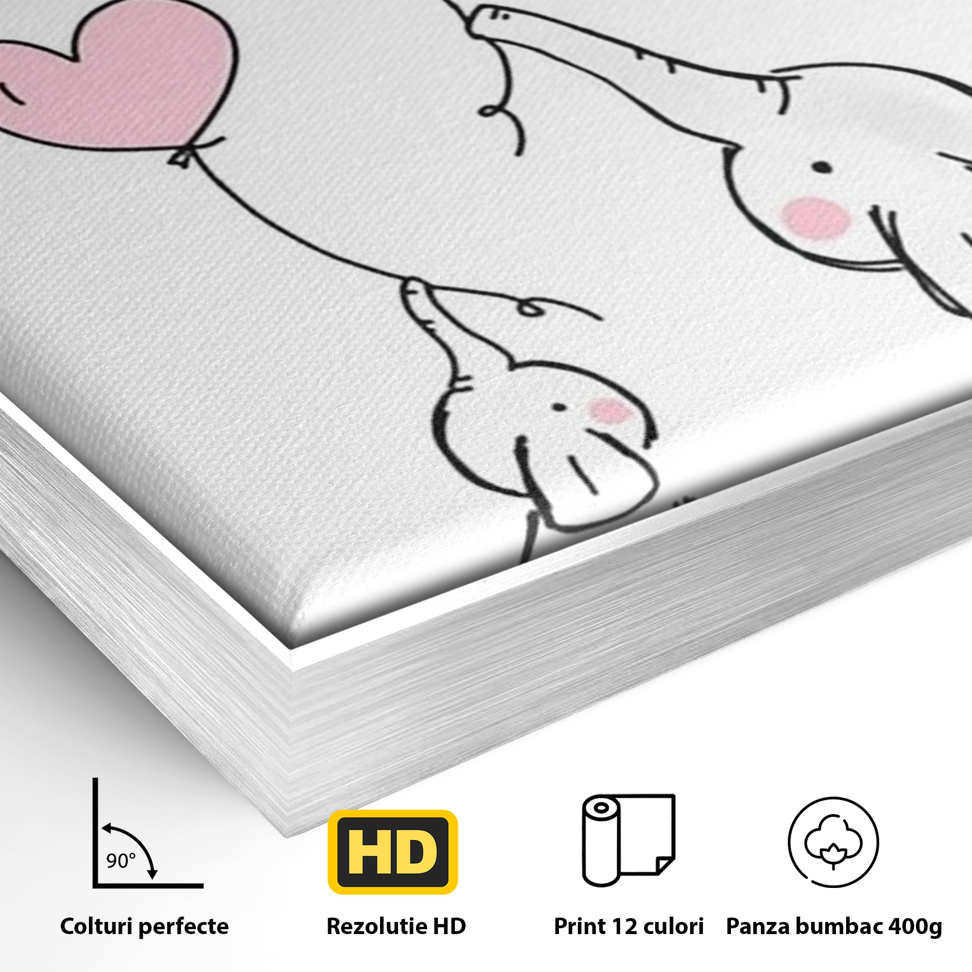Detaliu al suprafetei: ilustratie cu elefanti si baloane, in rama de aluminiu argintiu