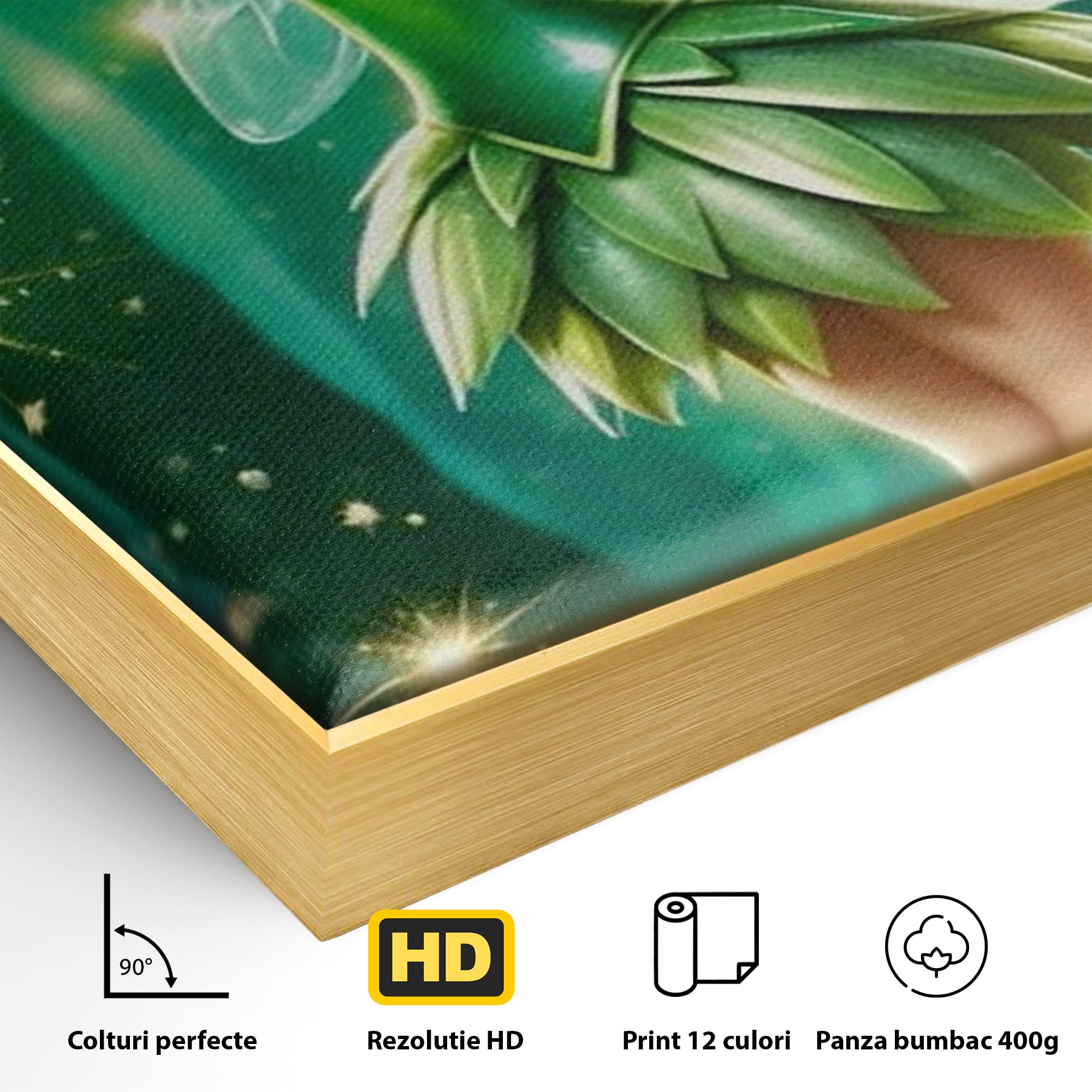 Detaliu al suprafetei: tablou canvas cu zana tinker bell, in rama de aluminiu auriu