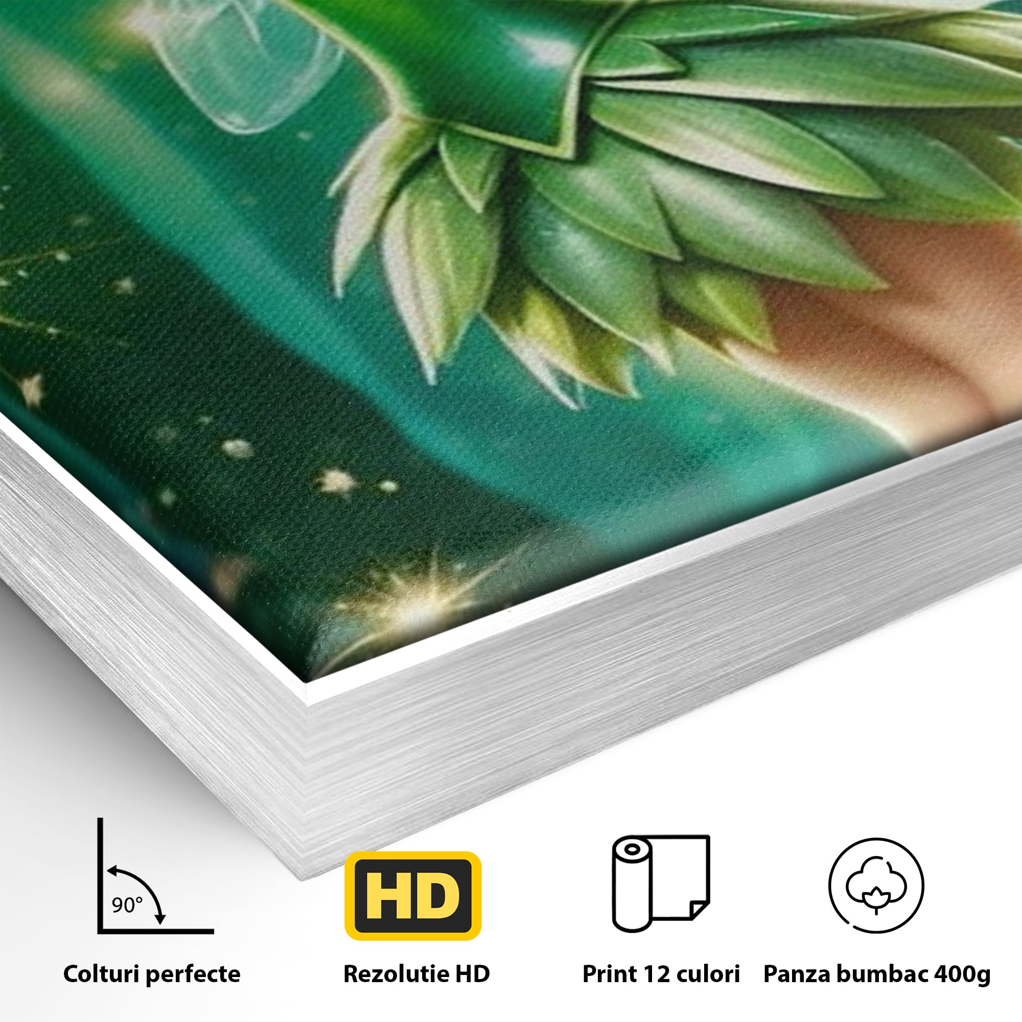 Detaliu al suprafetei: tablou canvas cu zana tinker bell, in rama de aluminiu argintiu