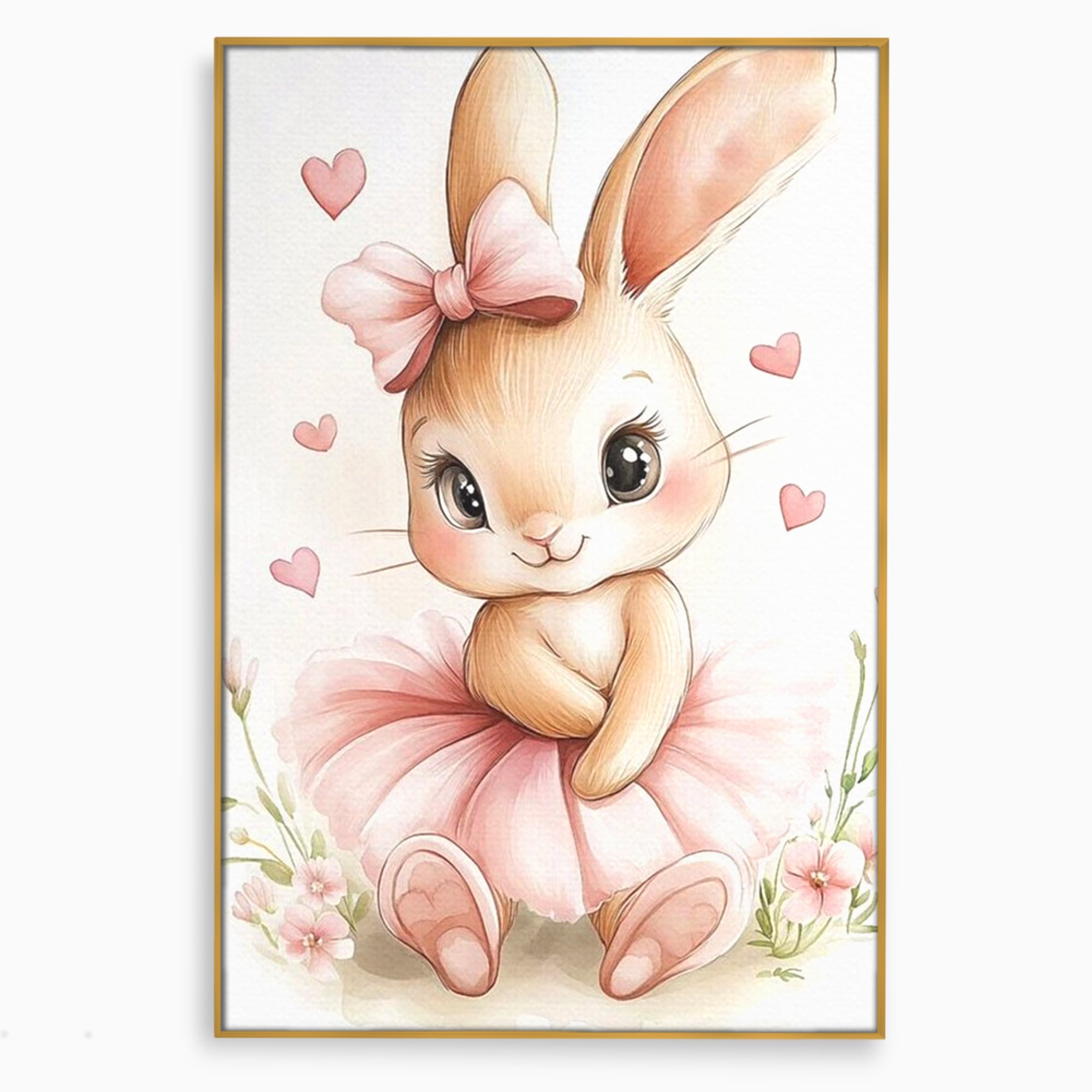 Tablou canvas cu ilustratie cu iepuras balerina, in rama de aluminiu auriu