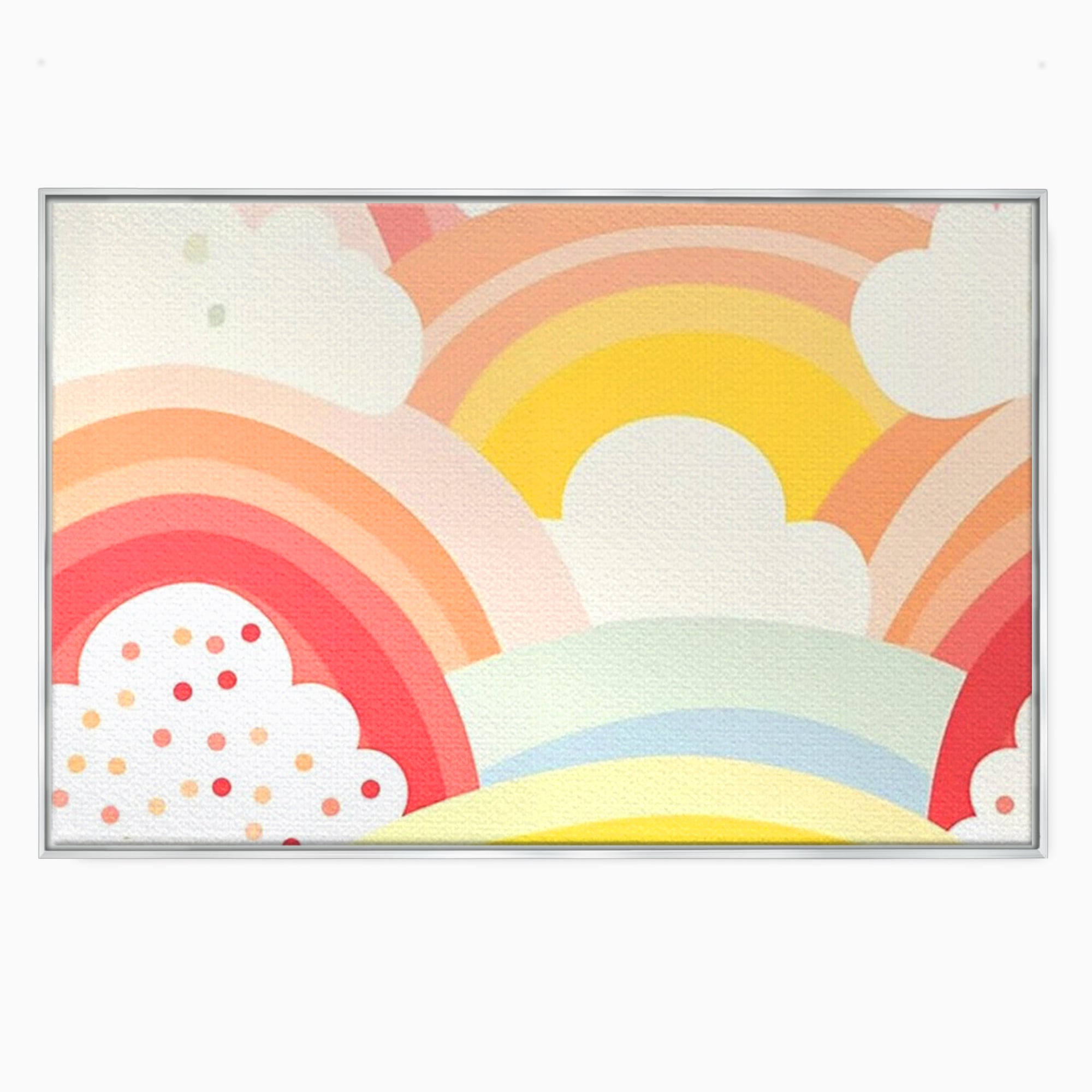Tablou canvas cu ilustratie digitala cu curcubeu pastel si nori, in rama de aluminiu argintiu