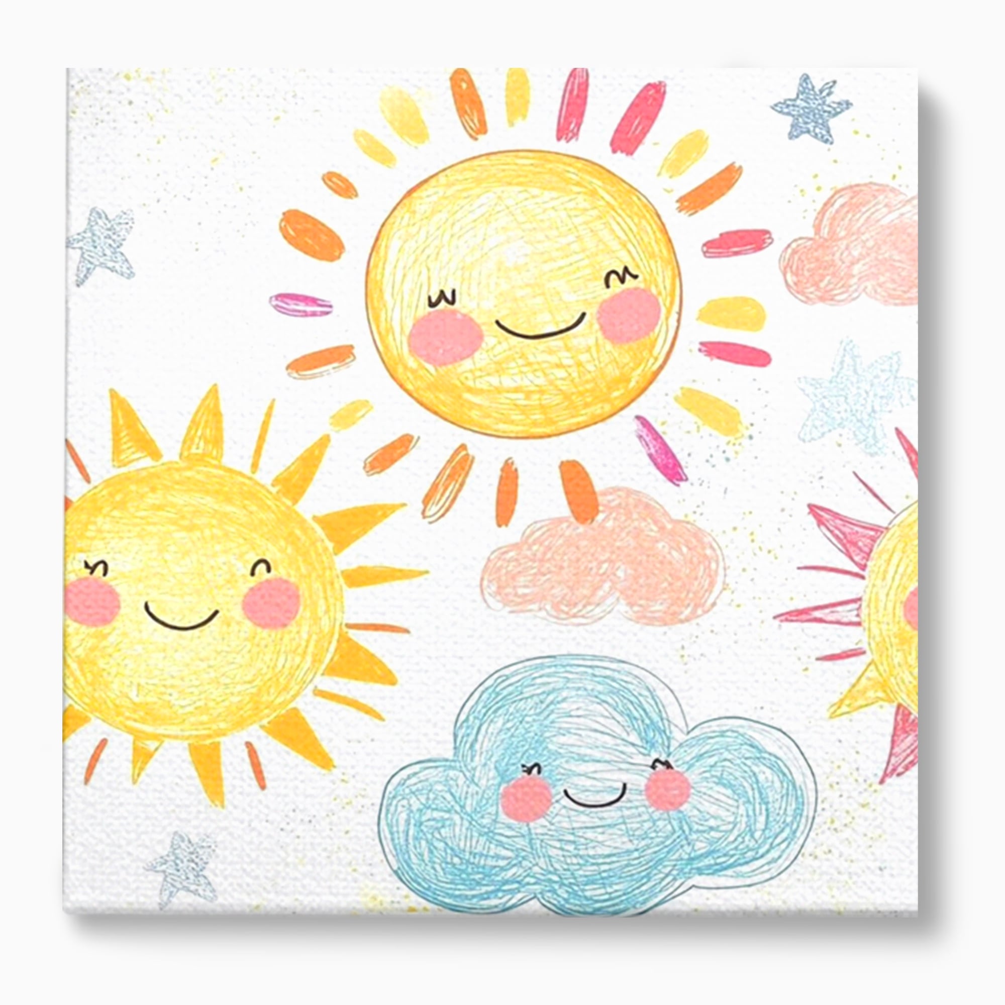 Tablou canvas cu ilustratie cu soori zambitori si nori, fara rama, pe sasiu de lemn