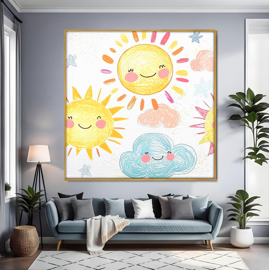Tablou canvas cu ilustratie cu soori zambitori si nori, in rama de aluminiu auriu, pe perete intr-un living