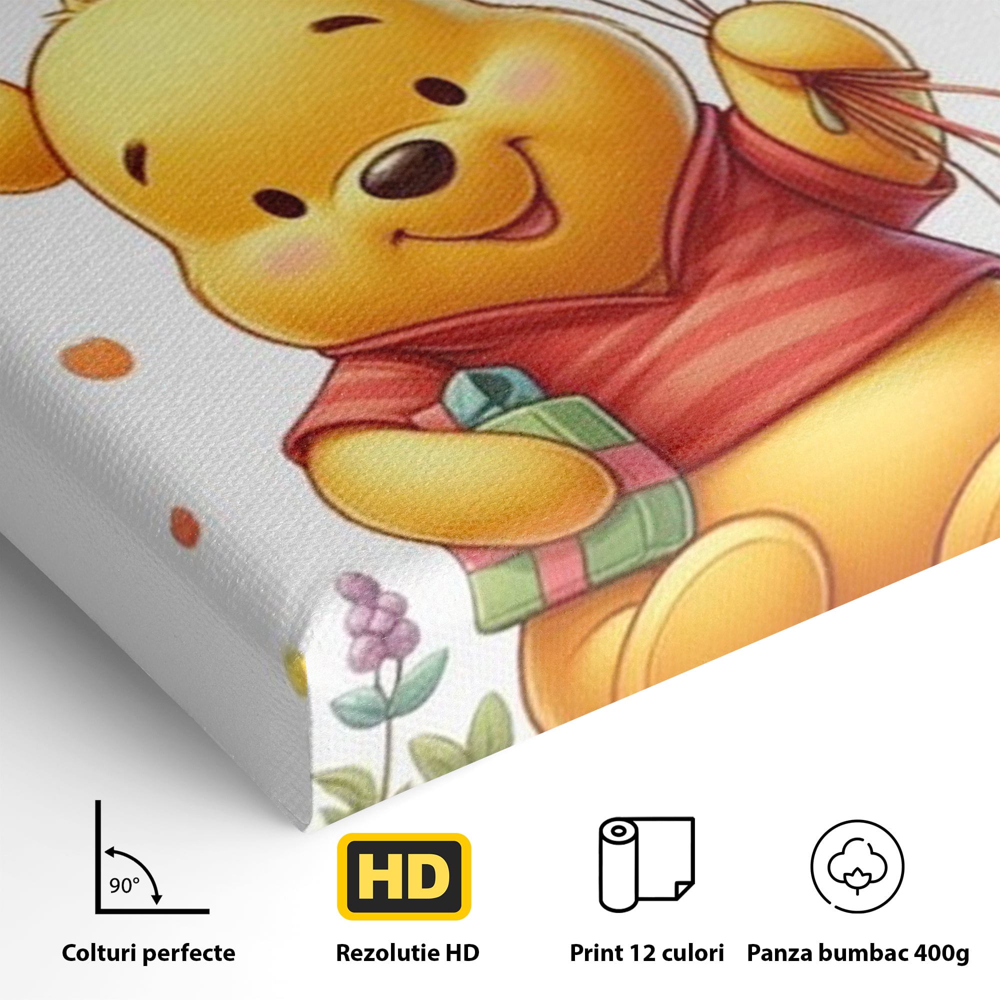 Detaliu al suprafetei: tablou canvas cu winnie the pooh, fara rama, pe sasiu de lemn