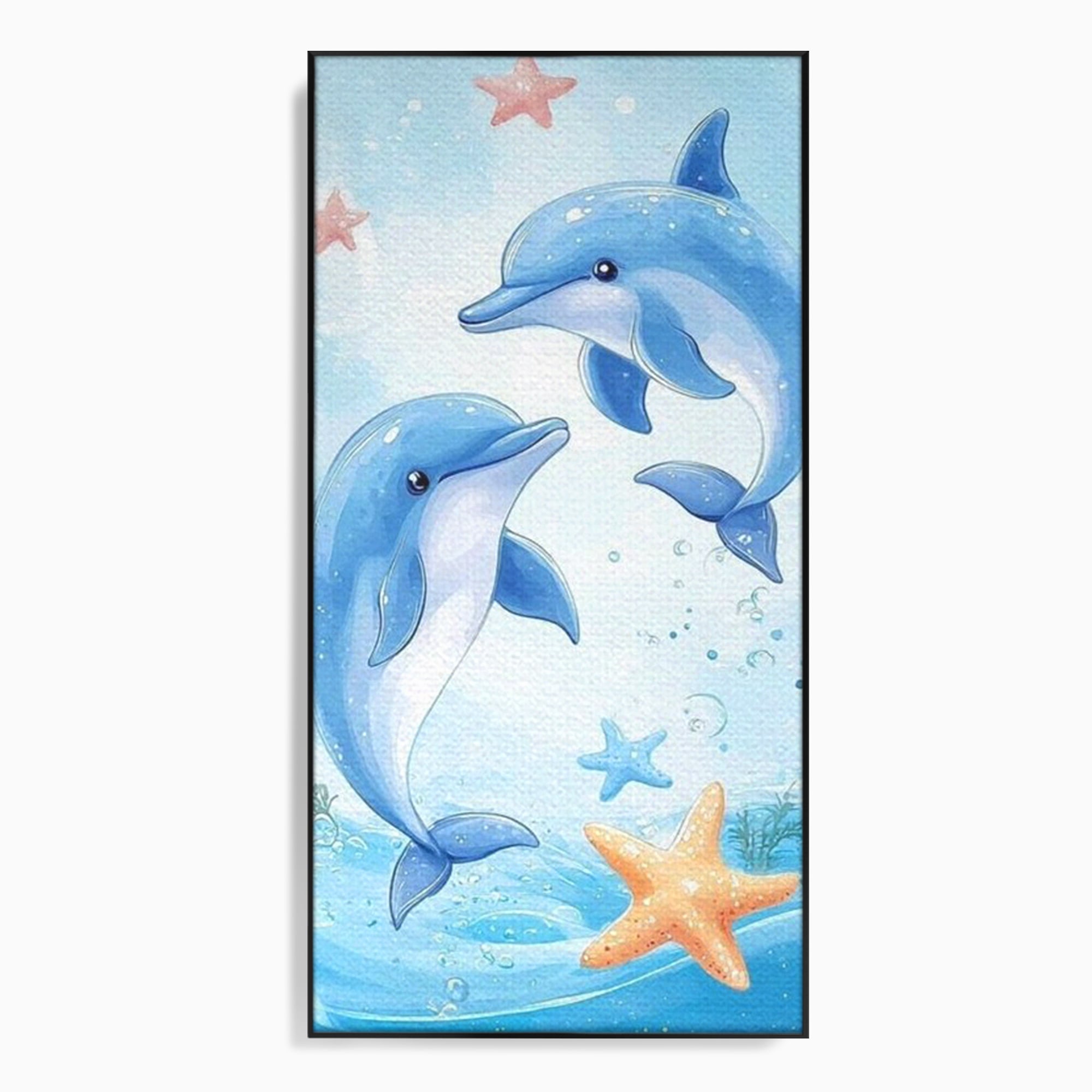 Tablou canvas cu ilustratie cu doi delfini jucausi, in rama de aluminiu negru