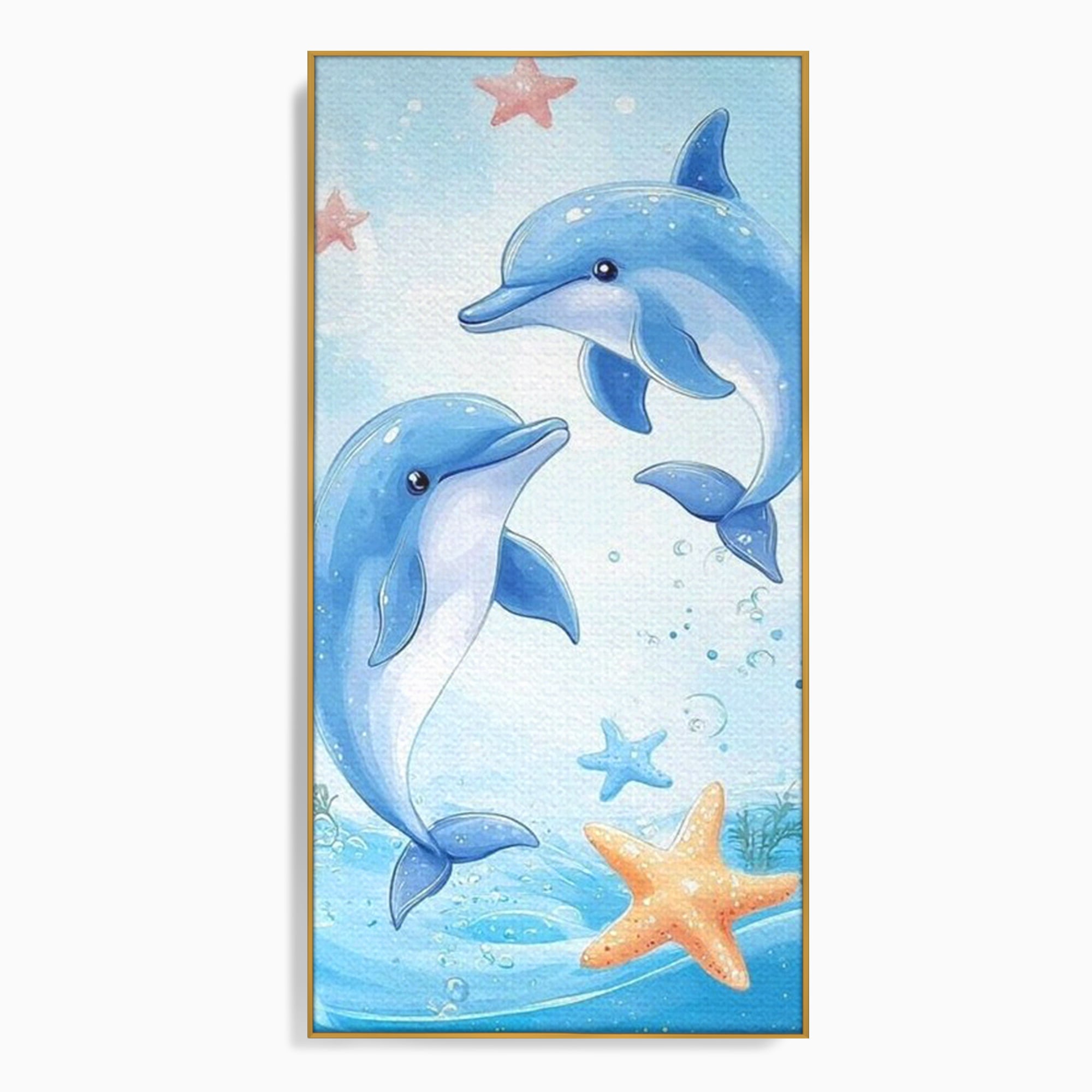 Tablou canvas cu ilustratie cu doi delfini jucausi, in rama de aluminiu auriu