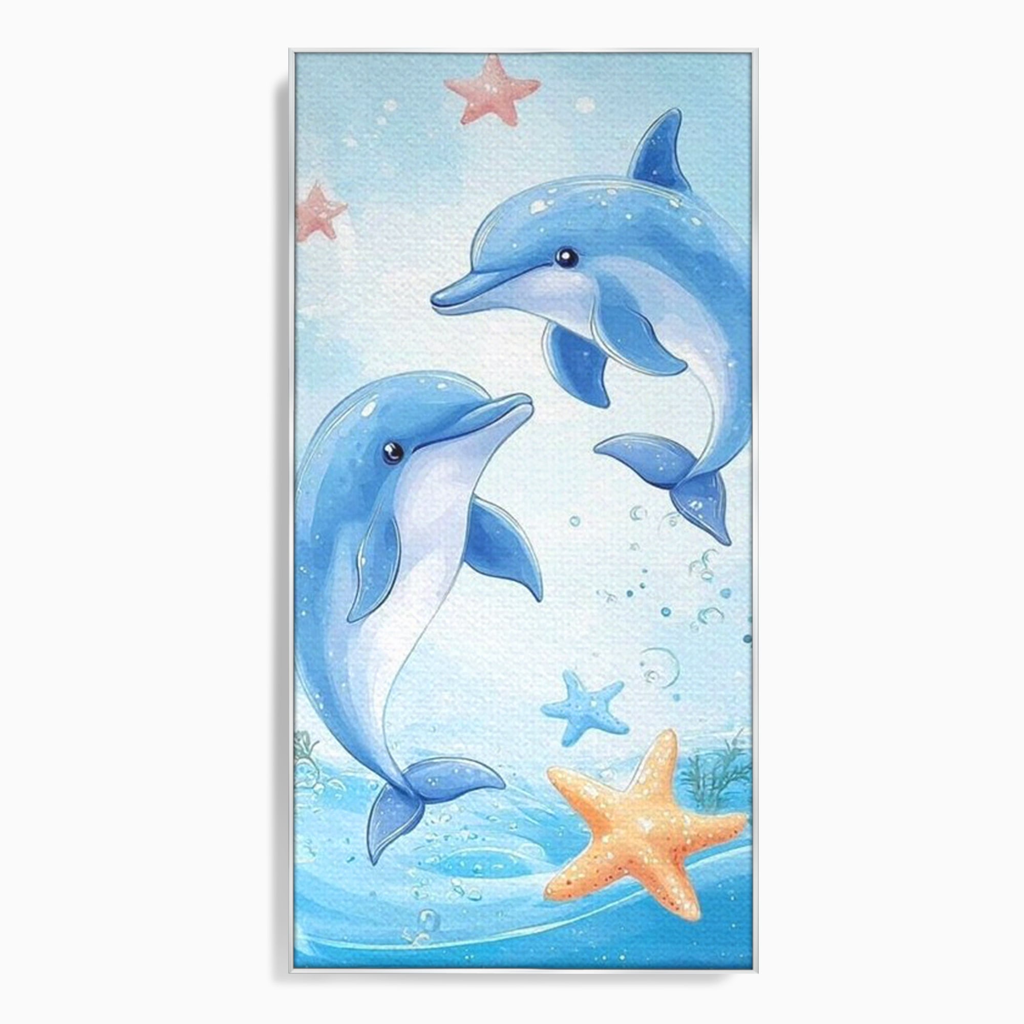 Tablou canvas cu ilustratie cu doi delfini jucausi, in rama de aluminiu argintiu