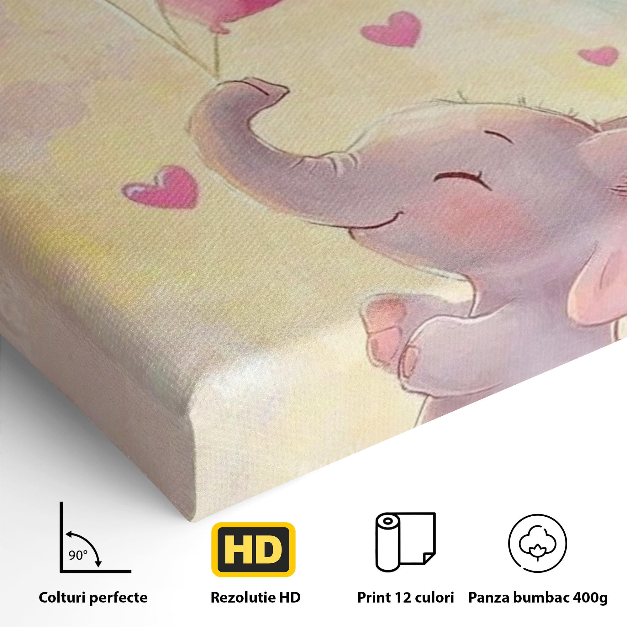 Detaliu al suprafetei: tablou canvas cu pui de elefant, fara rama, pe sasiu de lemn